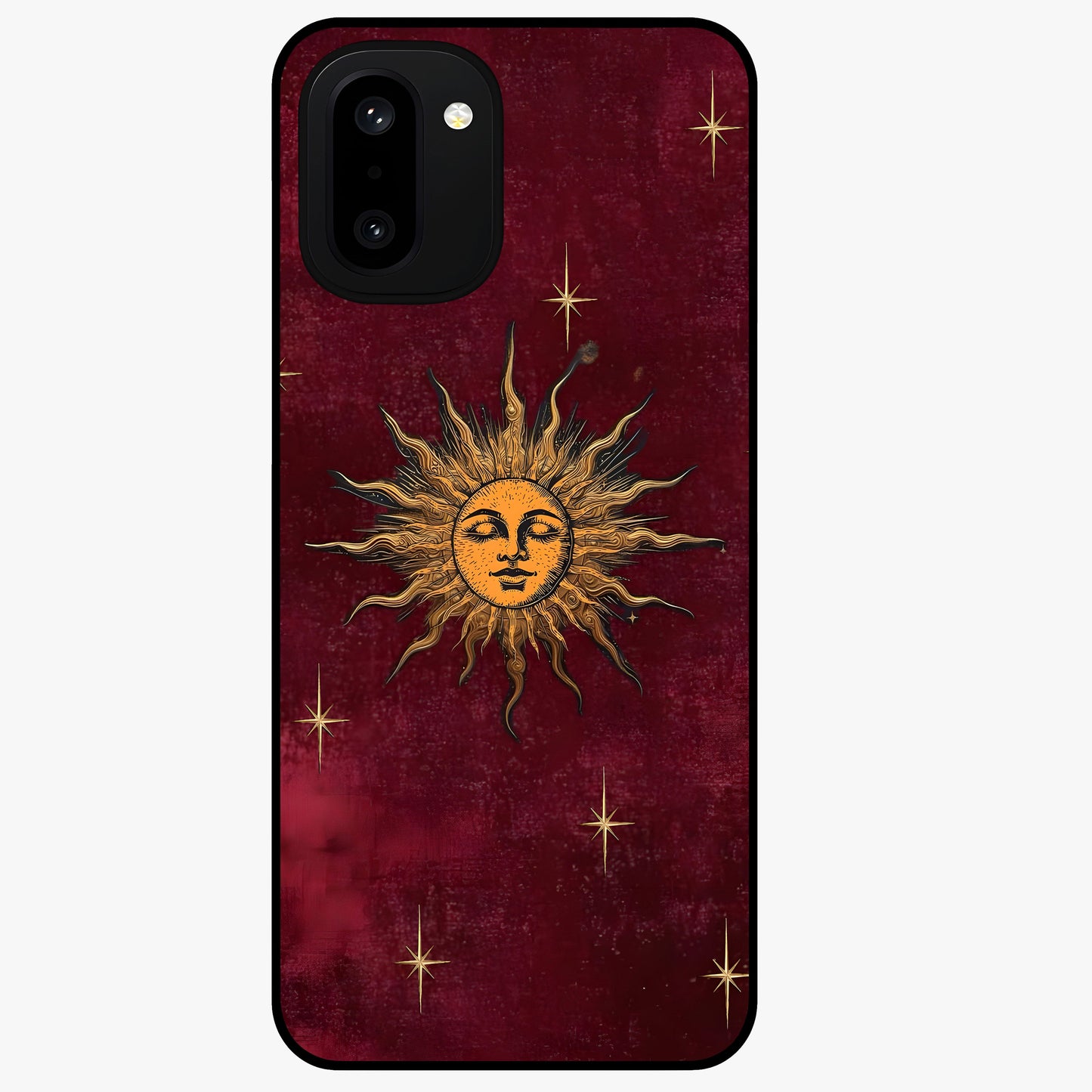 Mystic Solar Glow Glass Case for 1+15R radiant front view featuring glowing sun inspired mystical artwork