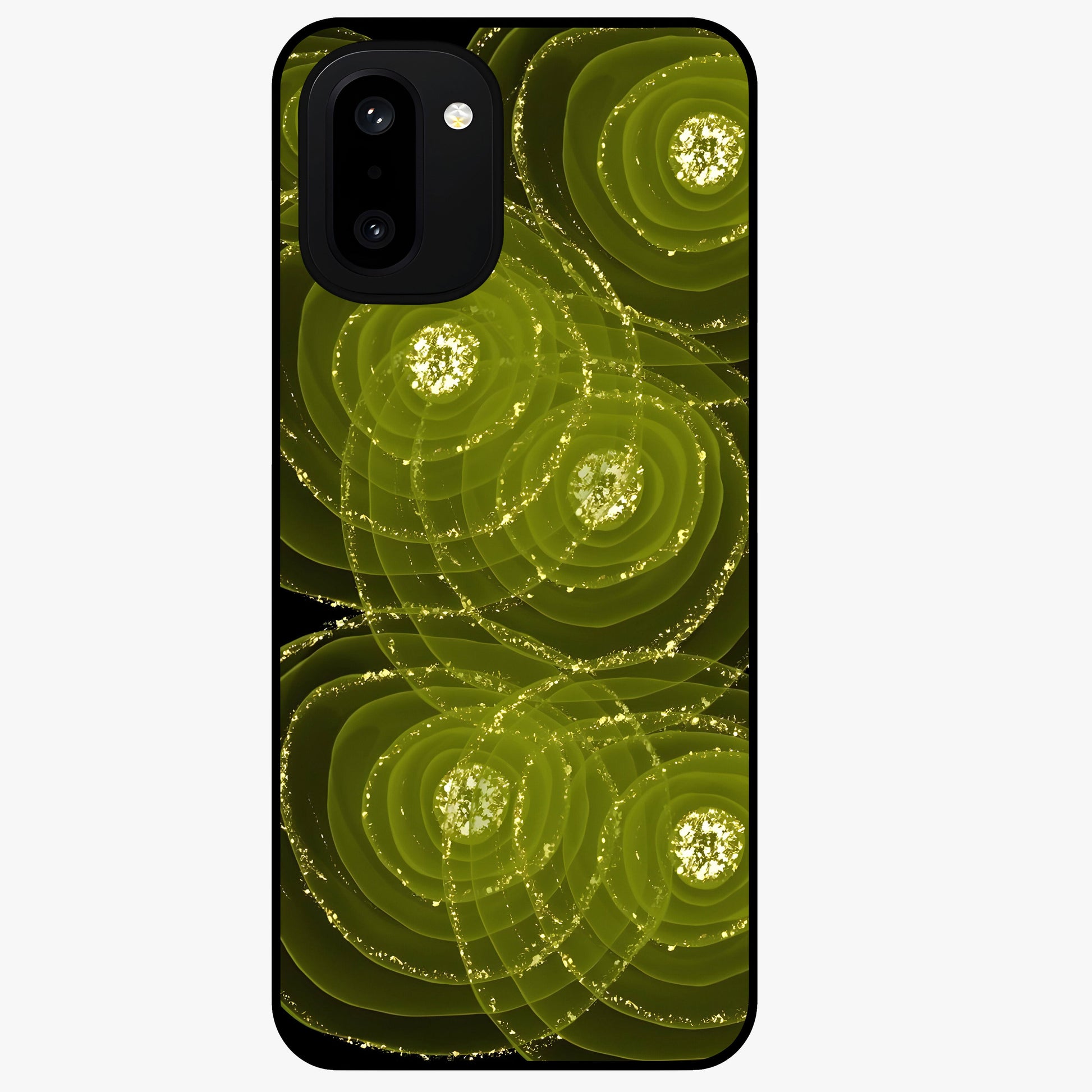 Neon Orbit Bloom Marble Glass Case for 1+15R artistic front view featuring marble texture with neon orbit accents