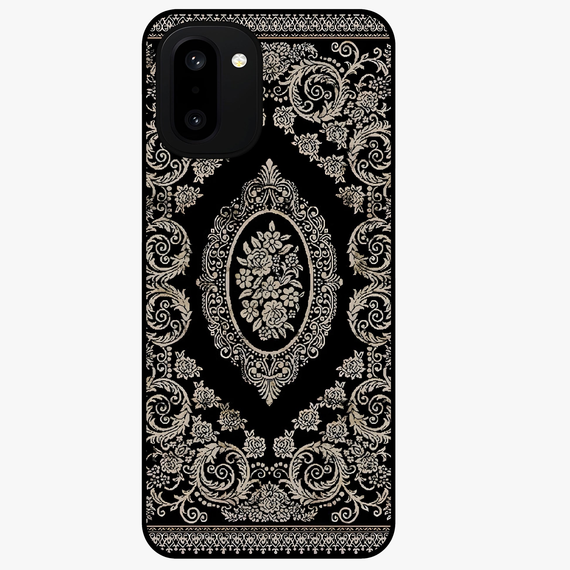 Noir Bloom Elegance Glass Case for 1+15R elegant front view featuring dark floral artwork in noir tones