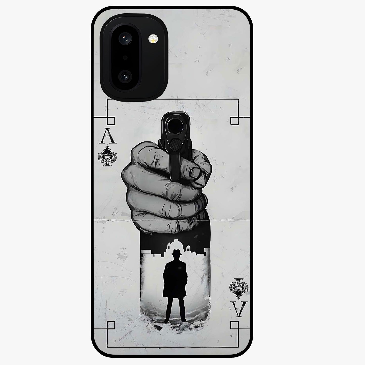 Noir Trigger Fate Glass Case for 1+15R dramatic front view featuring bold noir themed artistic artwork