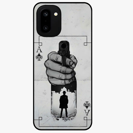 Noir Trigger Fate Glass Case for 1+15R dramatic front view featuring bold noir themed artistic artwork