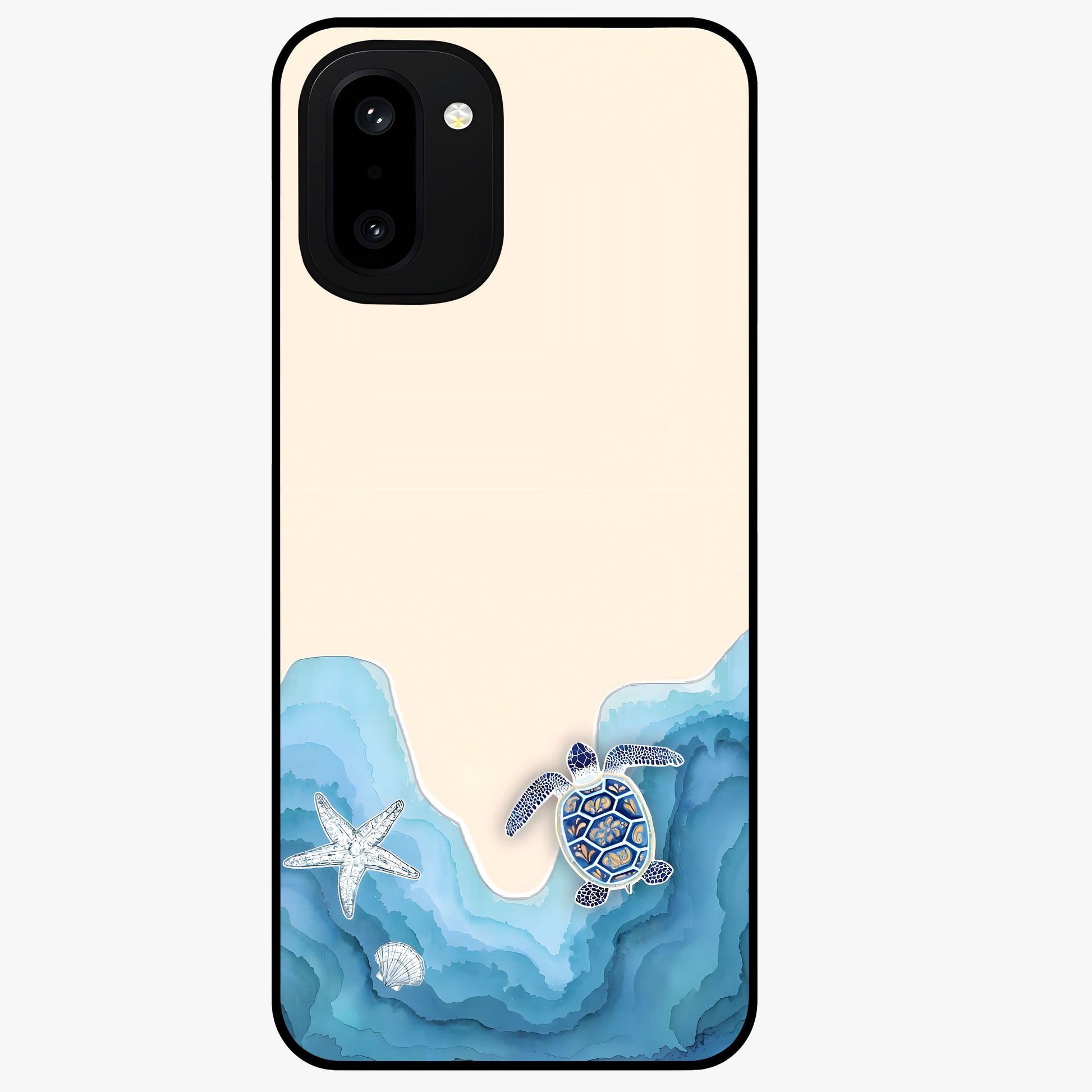 Ocean Drift Turtle Glass Case for 1+15R serene front view featuring sea turtle artwork in calming ocean tones