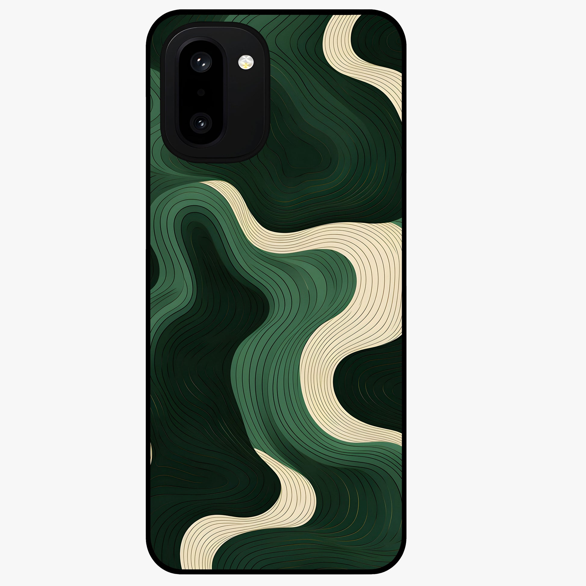 Organic Swirl Design Glass Case for 1+15R modern front view featuring flowing abstract swirl artwork