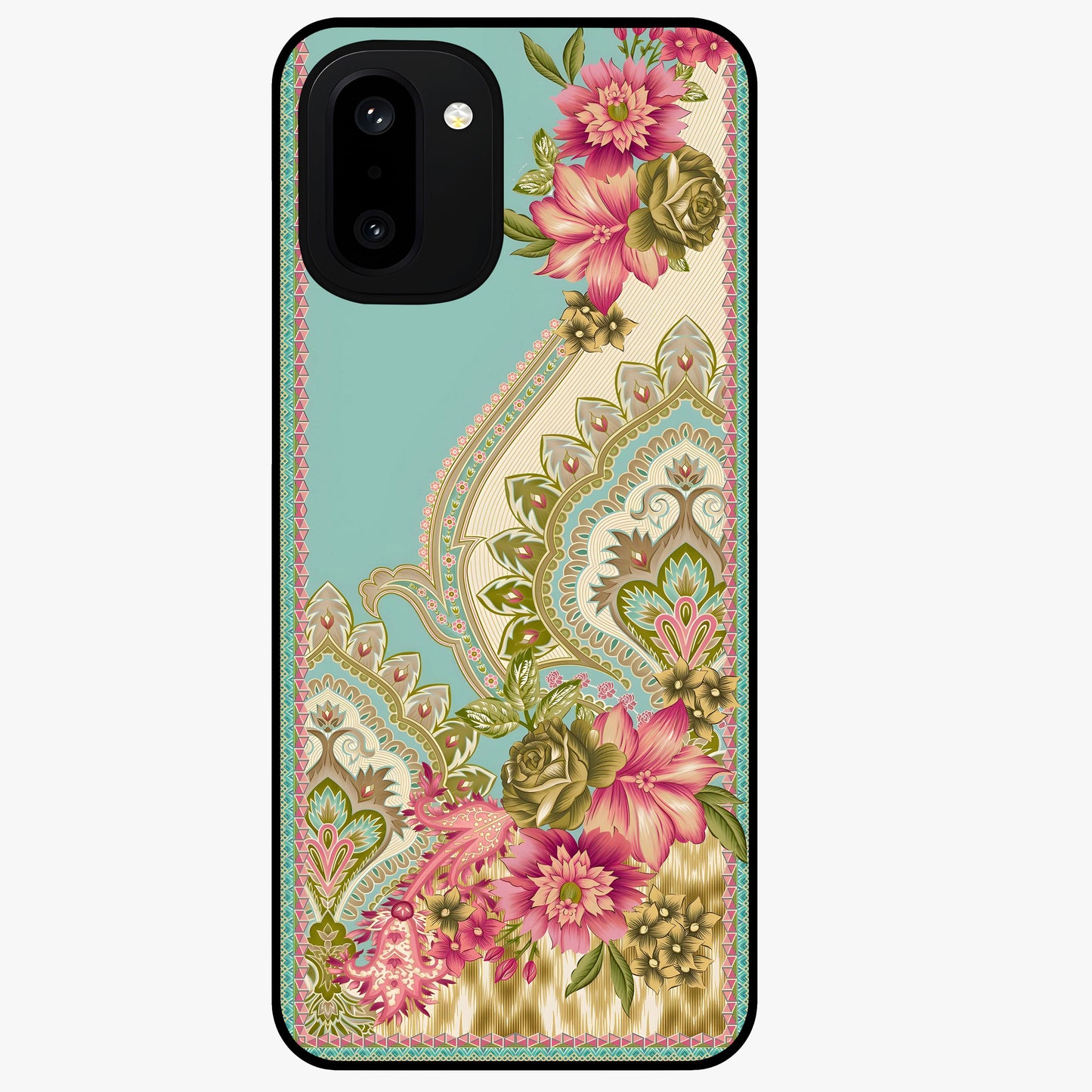 Ornate Mughal Floral Pattern Glass Case for 1+15R royal front view featuring intricate Mughal inspired floral artwork