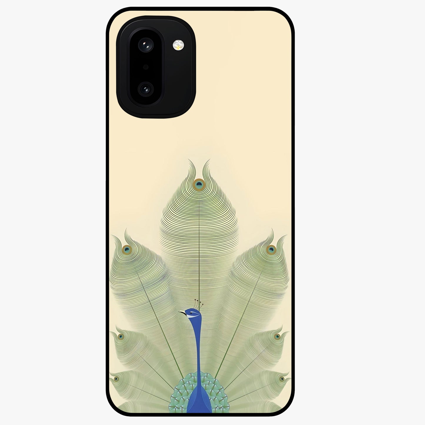 Peacock Feather Grace Glass Case for 1+15R elegant front view featuring detailed peacock feather artwork