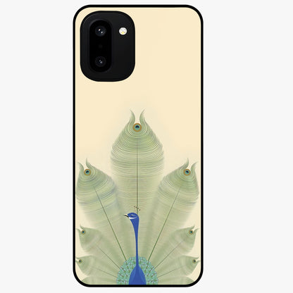Peacock Feather Grace Glass Case for 1+15R elegant front view featuring detailed peacock feather artwork