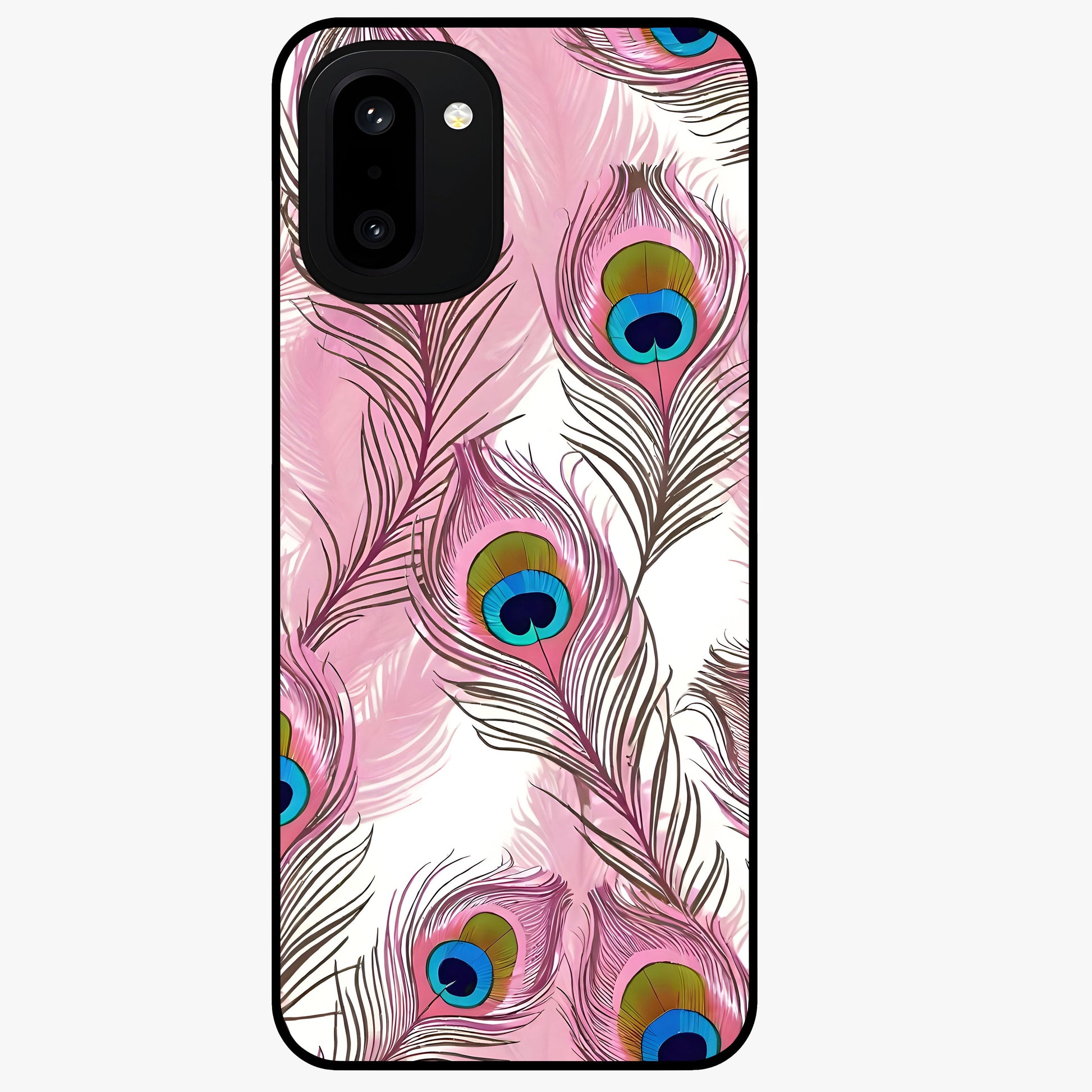 Peacock Feathers Floating Glass Case for 1+15R artistic front view featuring floating feather artwork with rich colors