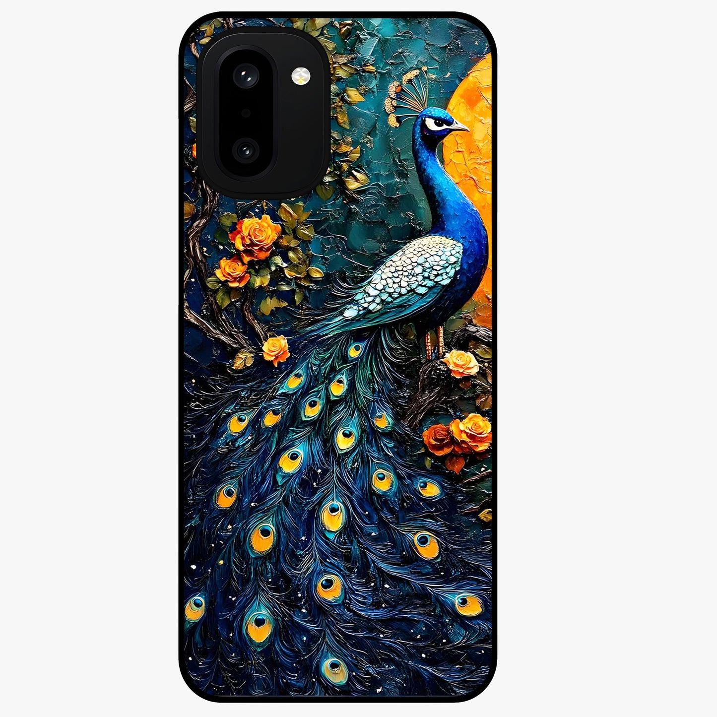 Peacock With Yellow Moon Glass Case for 1+15R striking front view featuring peacock artwork under glowing yellow moon
