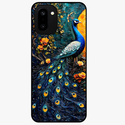 Peacock With Yellow Moon Glass Case for 1+15R striking front view featuring peacock artwork under glowing yellow moon
