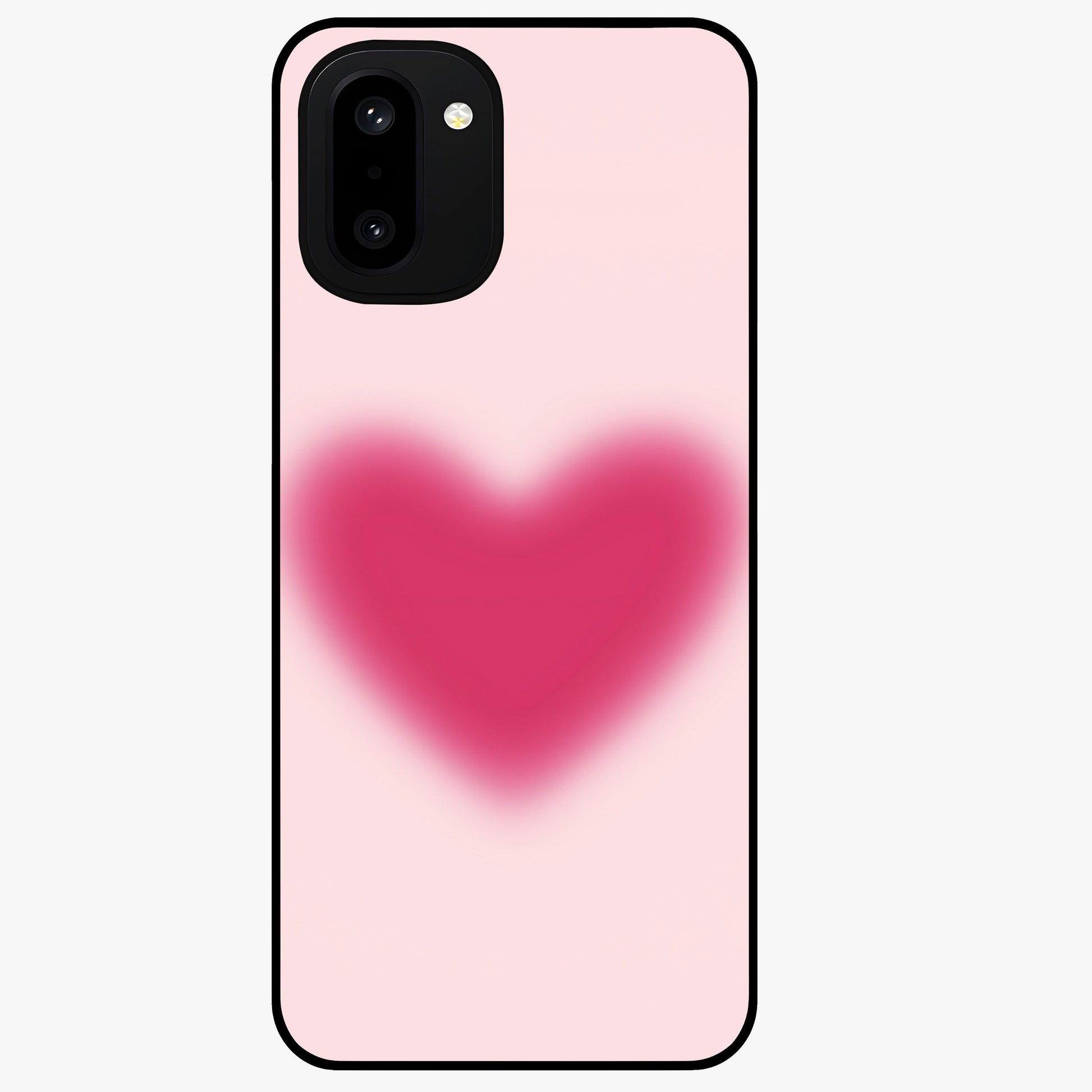 Pink Aura Heart Glass Case for 1+15R soft front view featuring glowing heart artwork in pastel pink tones