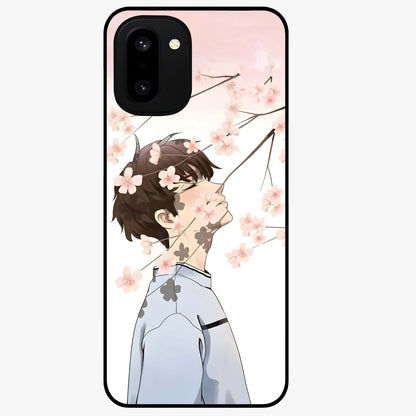 Pink Blossom Boy Glass Case for 1+15R aesthetic front view featuring illustrated character with pink floral accents