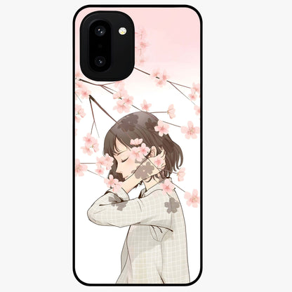 Pink Blossom Girl Glass Case for 1+15R charming front view featuring illustrated girl with pink blossom artwork