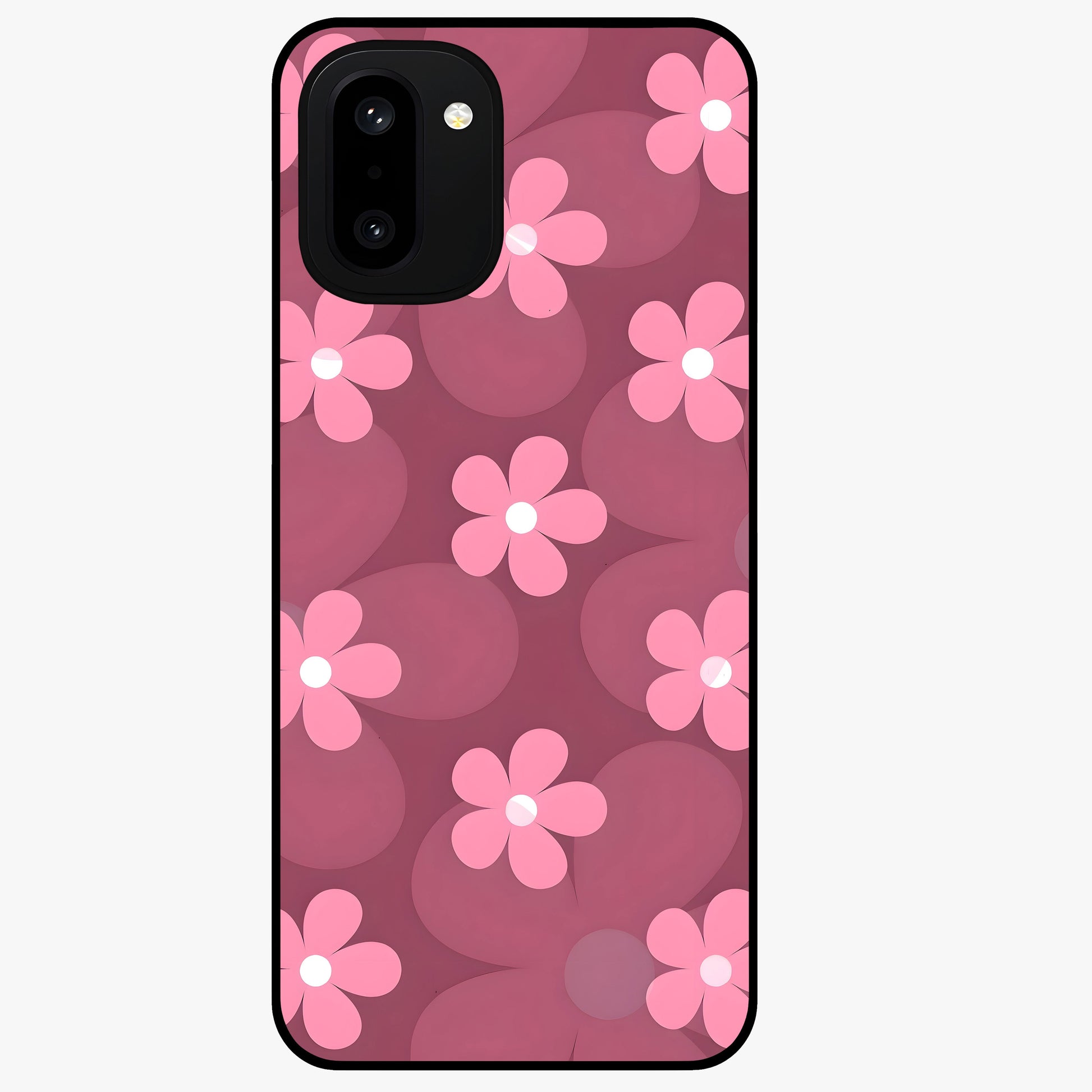 Pink Daisy Flower Pattern Glass Case for 1+15R cheerful front view featuring daisy floral artwork in pink tones