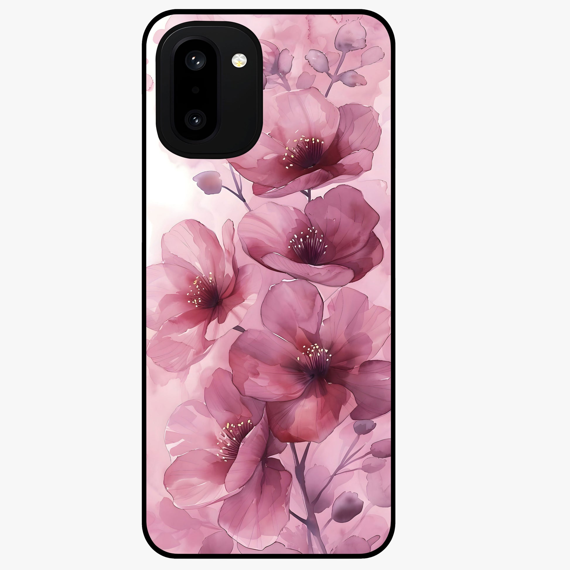 Pink Floral Glass Case for 1+15R elegant front view featuring soft pink flower artwork