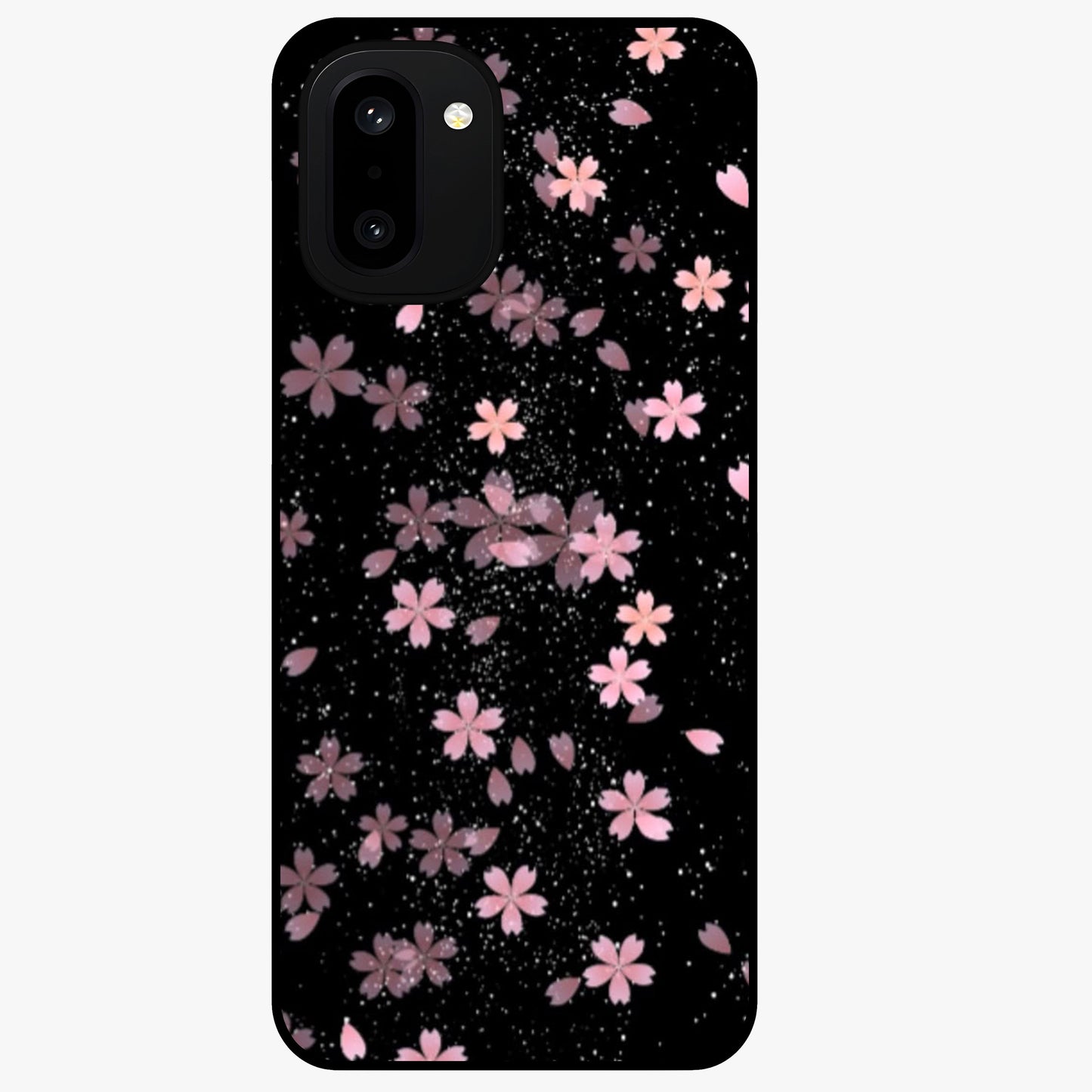 Pink Flower Black Background Glass Case for 1+15R striking front view featuring vibrant pink flower on dark backdrop