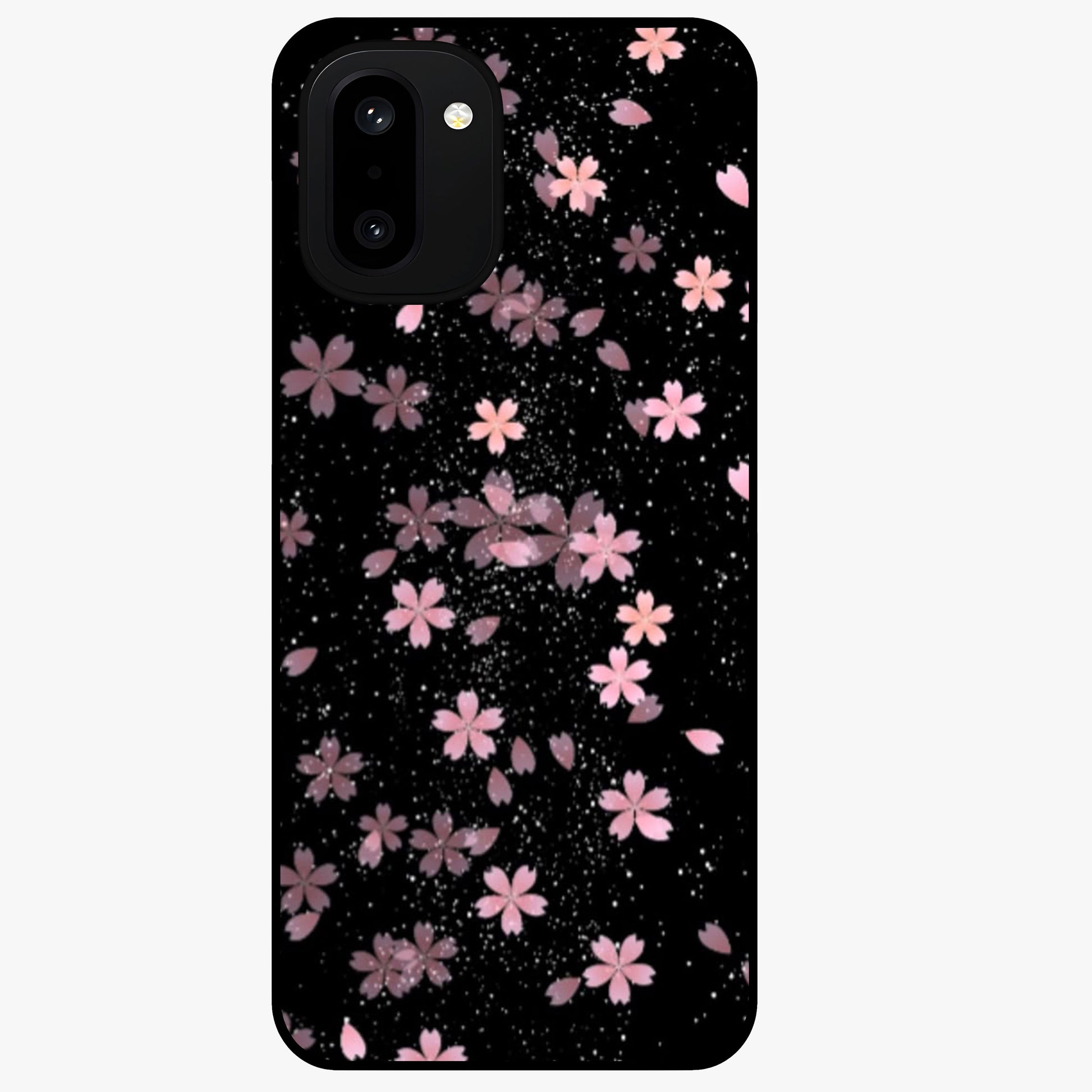 Pink Flower Black Background Glass Case for 1+15R striking front view featuring vibrant pink flower on dark backdrop