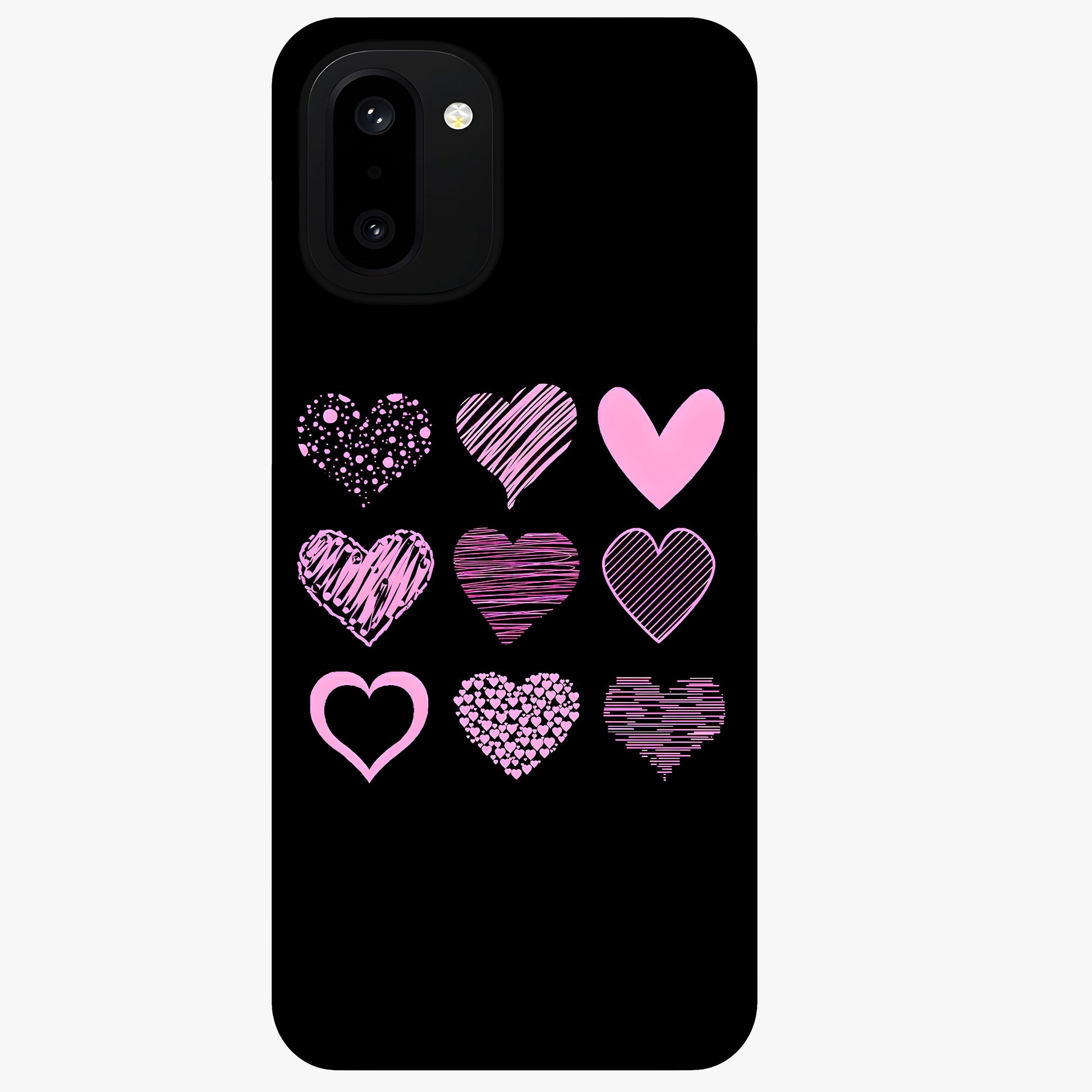 Pink Heart Aesthetic Glass Case for 1+15R cute front view featuring minimal heart artwork in soft pink tones