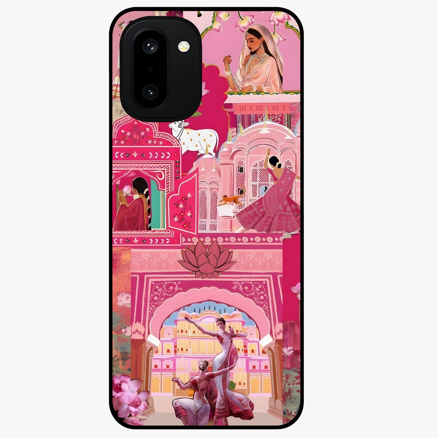 Pink Palace Muse Glass Case for 1+15R elegant front view featuring palace inspired artwork in soft pink hues