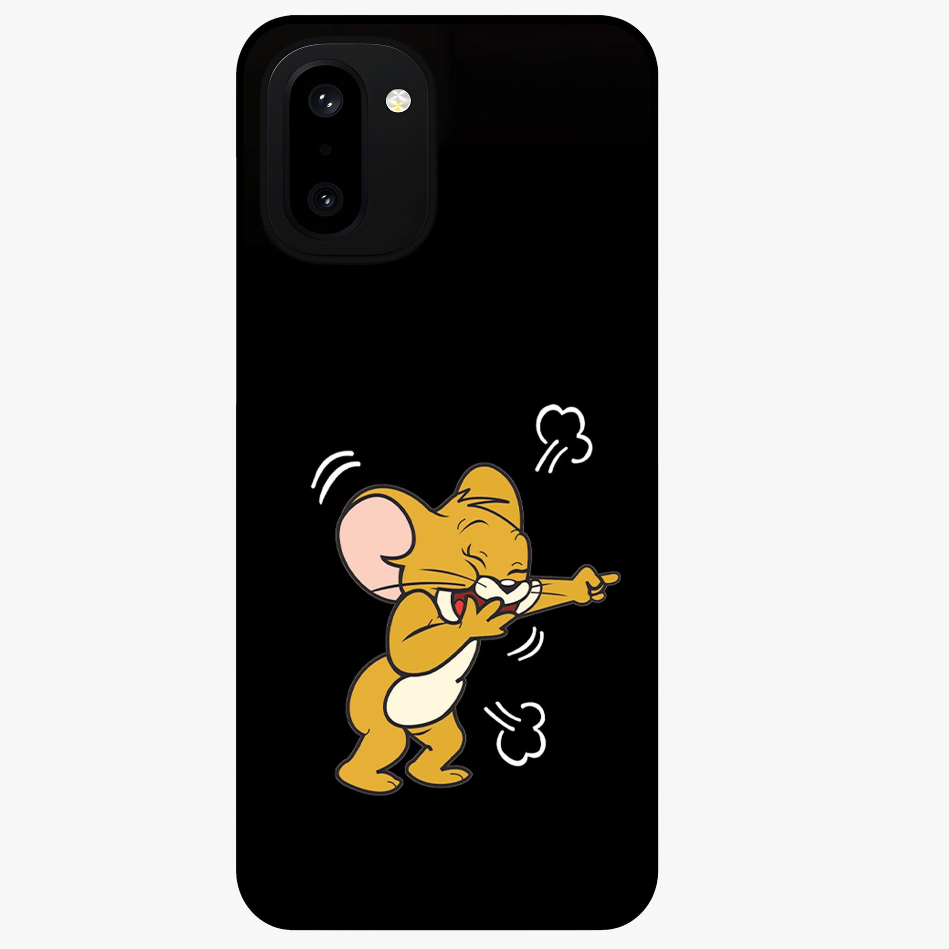 Playful Jerry Vibes Glass Case for 1+15R cheerful front view featuring animated cartoon artwork with playful energy