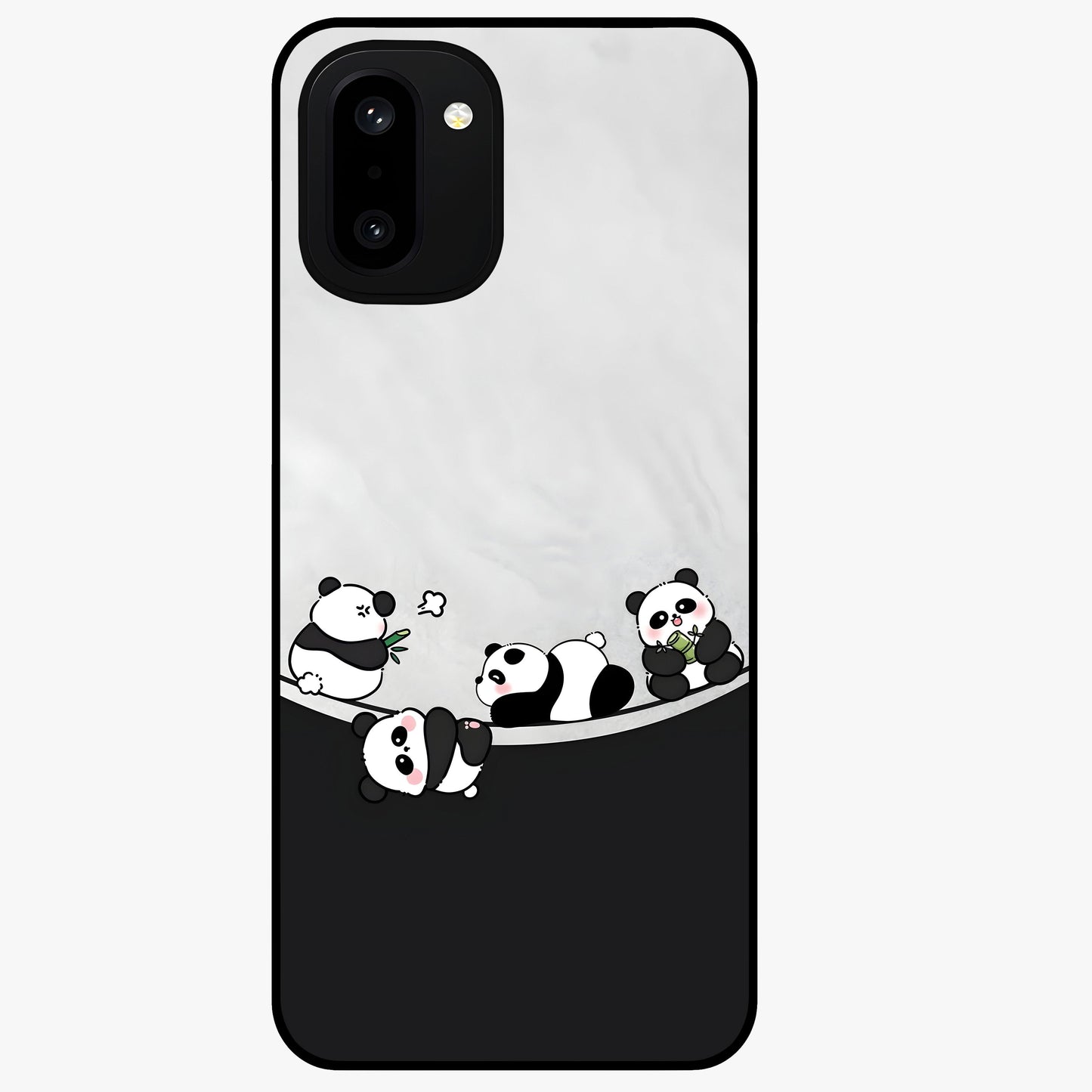 Playful Panda Parade Glass Case for 1+15R adorable front view featuring cute panda artwork in lively poses