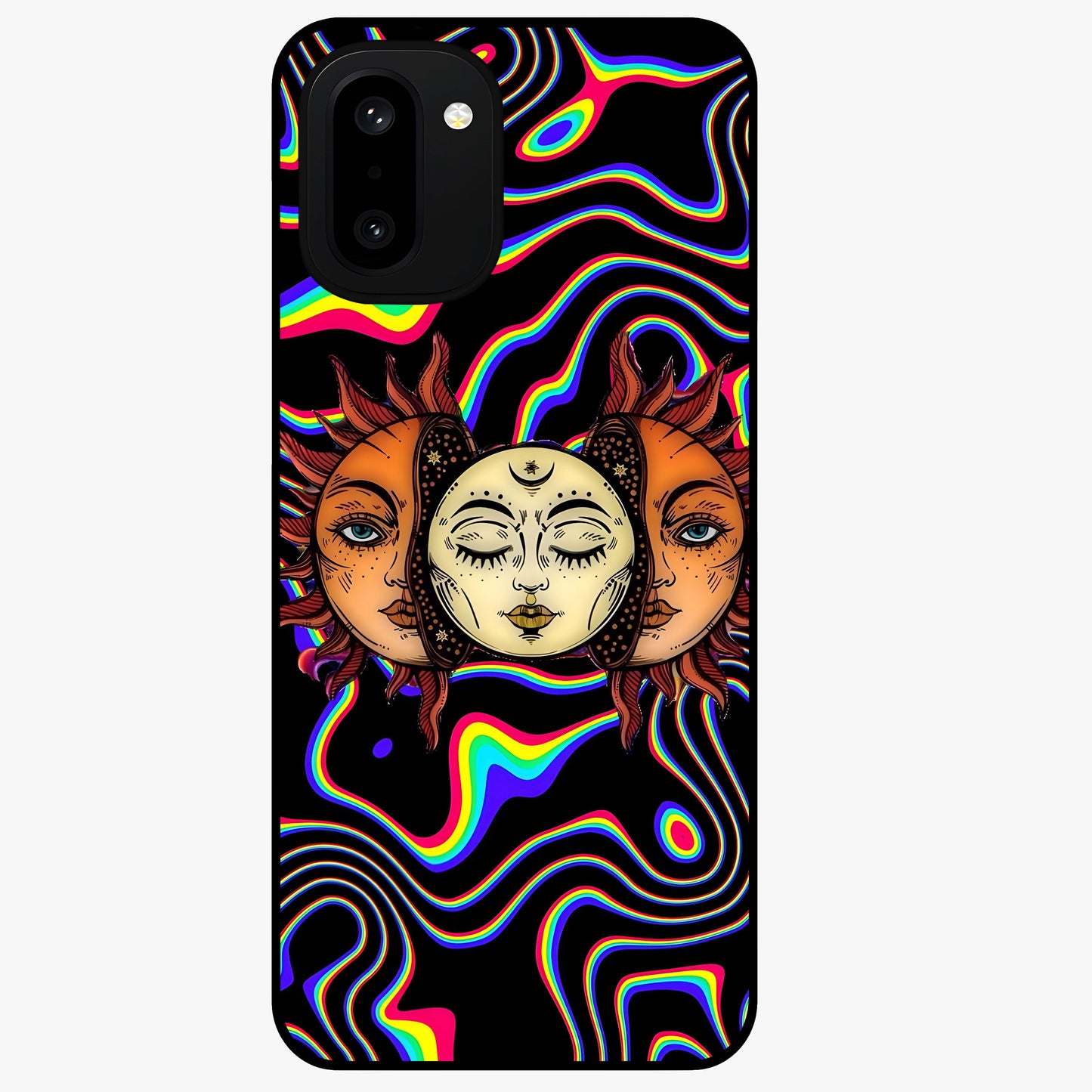 Psychedelic Sun Glass Case for 1+15R artistic front view featuring vibrant sun artwork in psychedelic colors