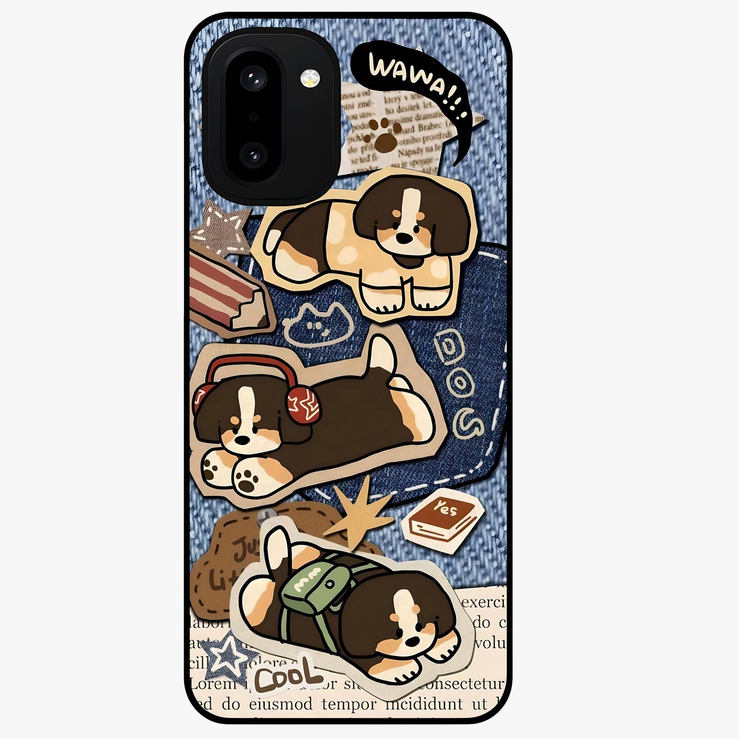 Puppy Sticker Parade Glass Case for 1+15R playful front view featuring multiple puppy sticker style artwork