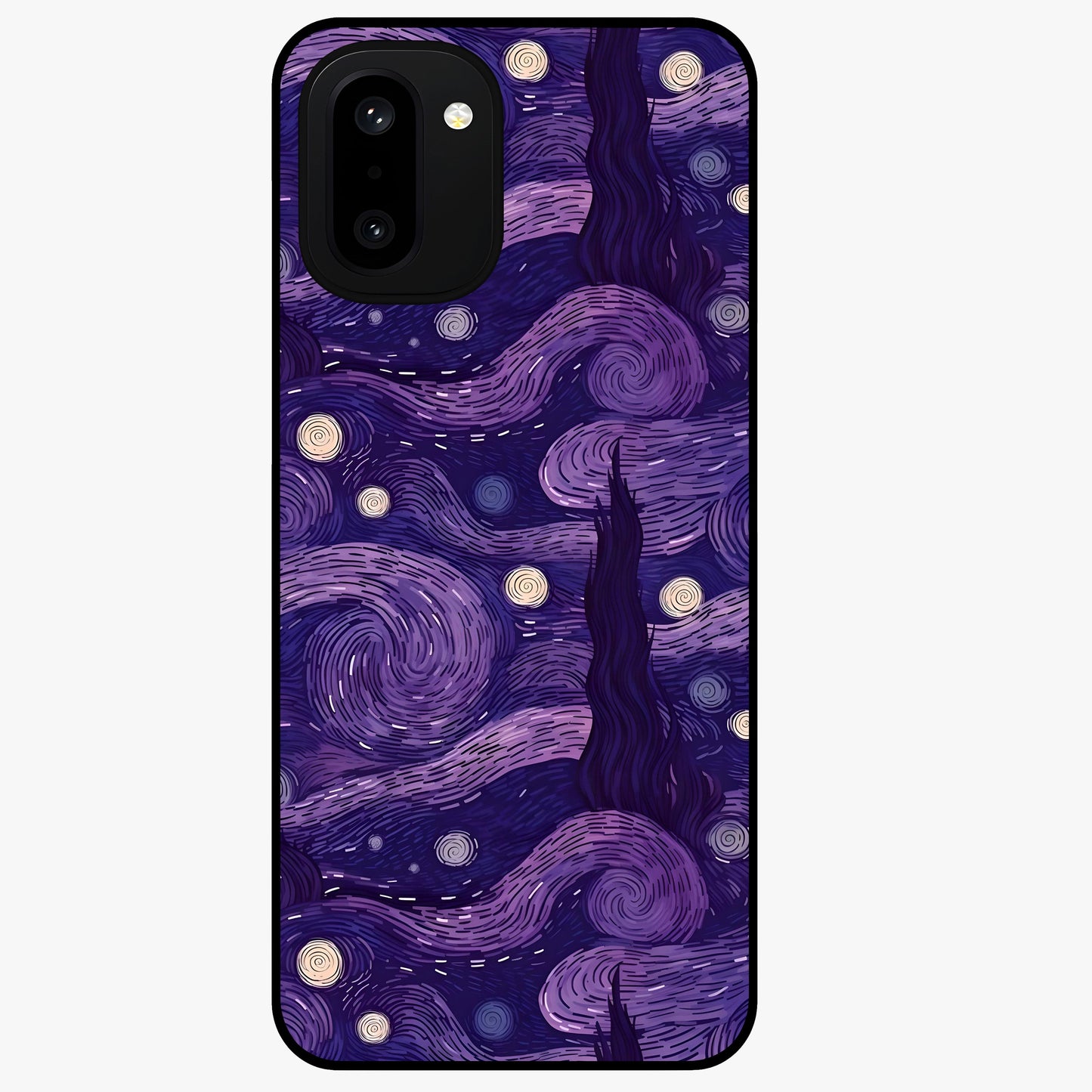 Purple Swirls Glass Case for 1+15R artistic front view featuring flowing swirl artwork in rich purple tones