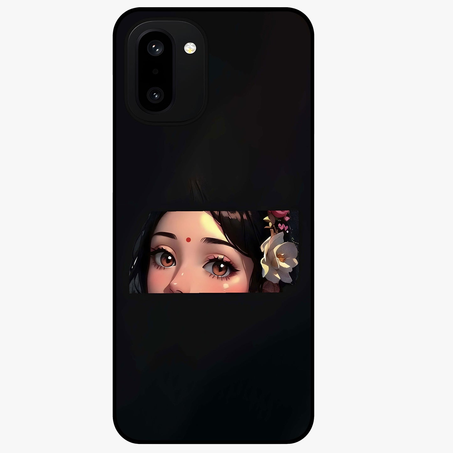 Radha Divine Embrace Glass Case for 1+15R devotional front view featuring graceful Radha inspired artwork