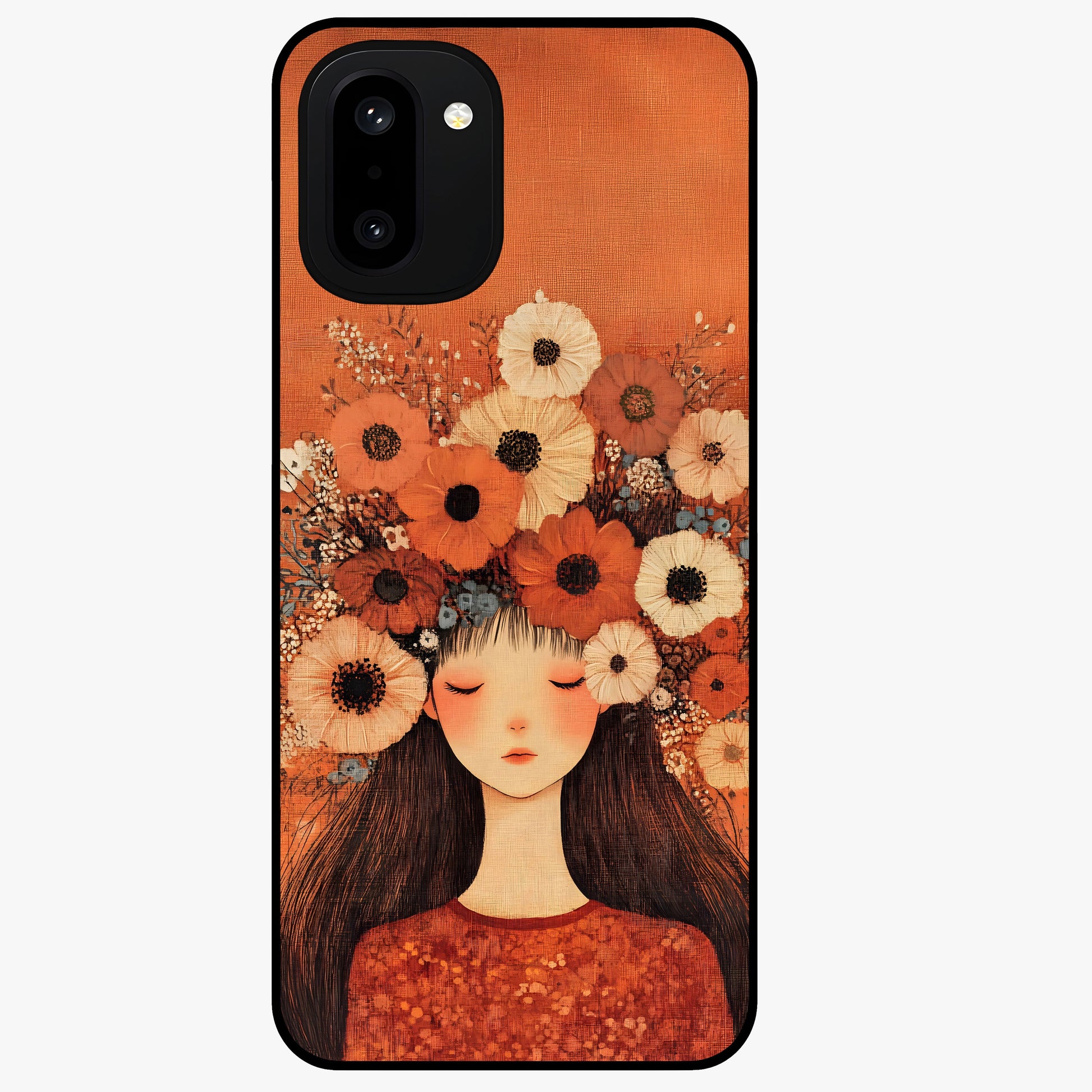 Radiant Flower Thoughts Glass Case for 1+15R soft front view featuring delicate floral artwork with artistic vibe