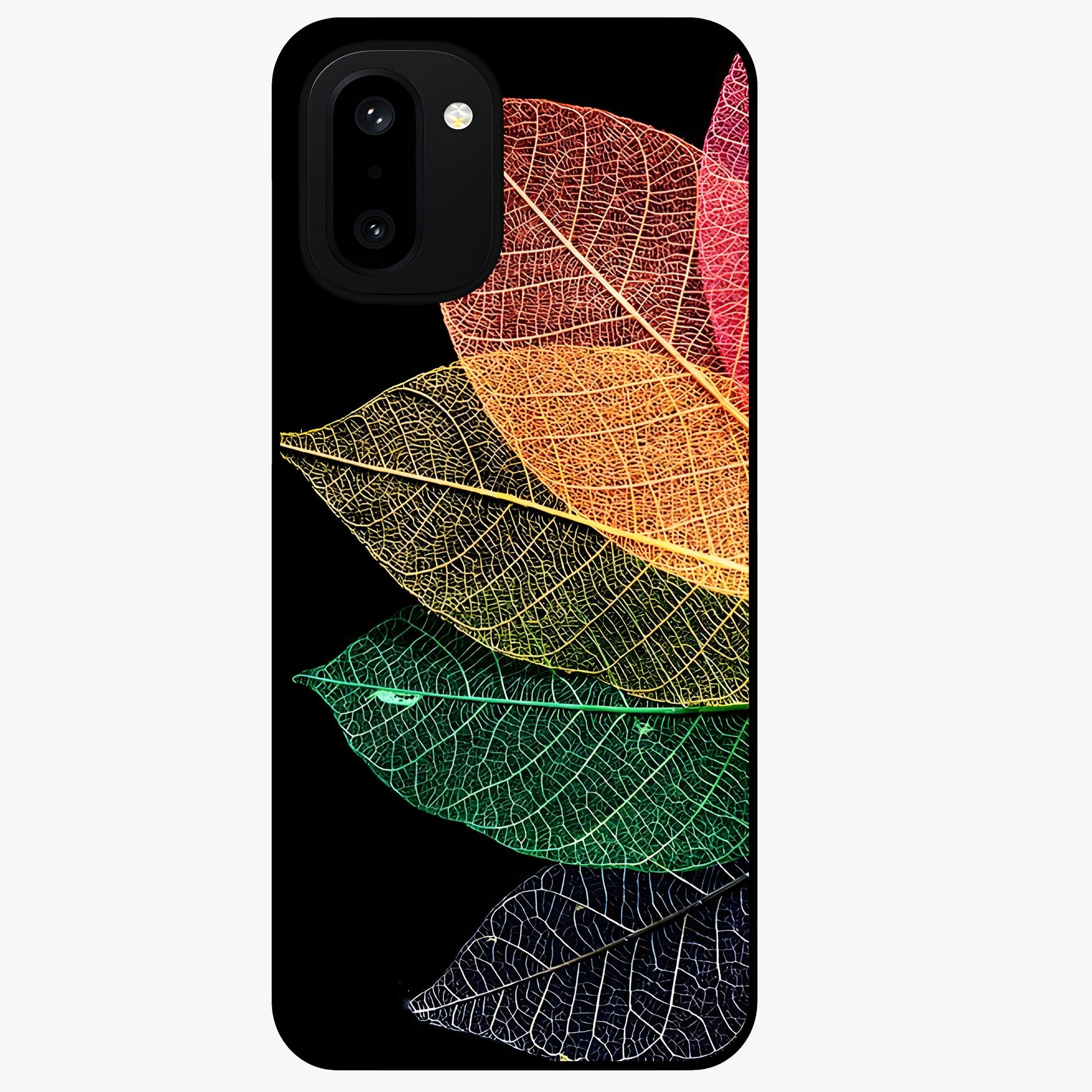 Rainbow Leaf Glow Glass Case for 1+15R colorful front view featuring vibrant leaf artwork with glowing effect