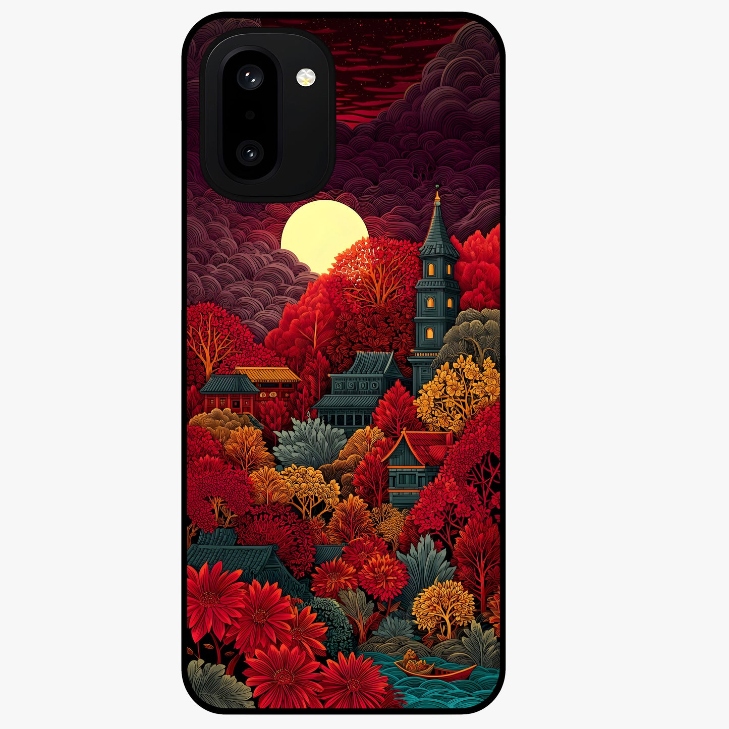 Red Scenery Hot Glass Case for 1+15R dramatic front view featuring bold red landscape artwork