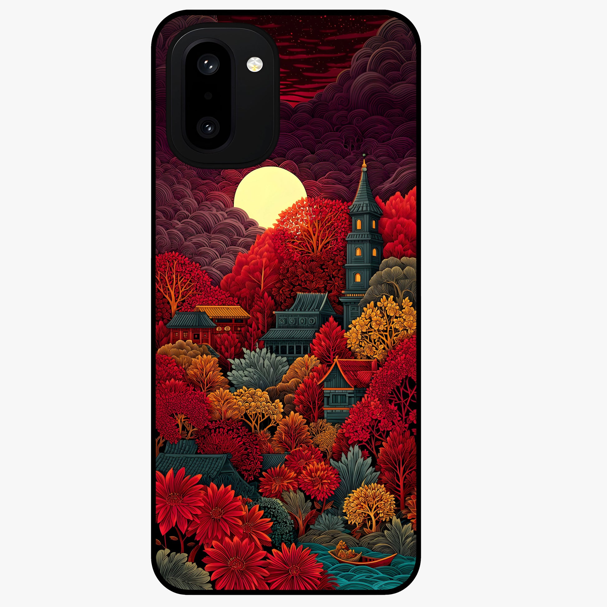 Red Scenery Hot Glass Case for 1+15R dramatic front view featuring bold red landscape artwork