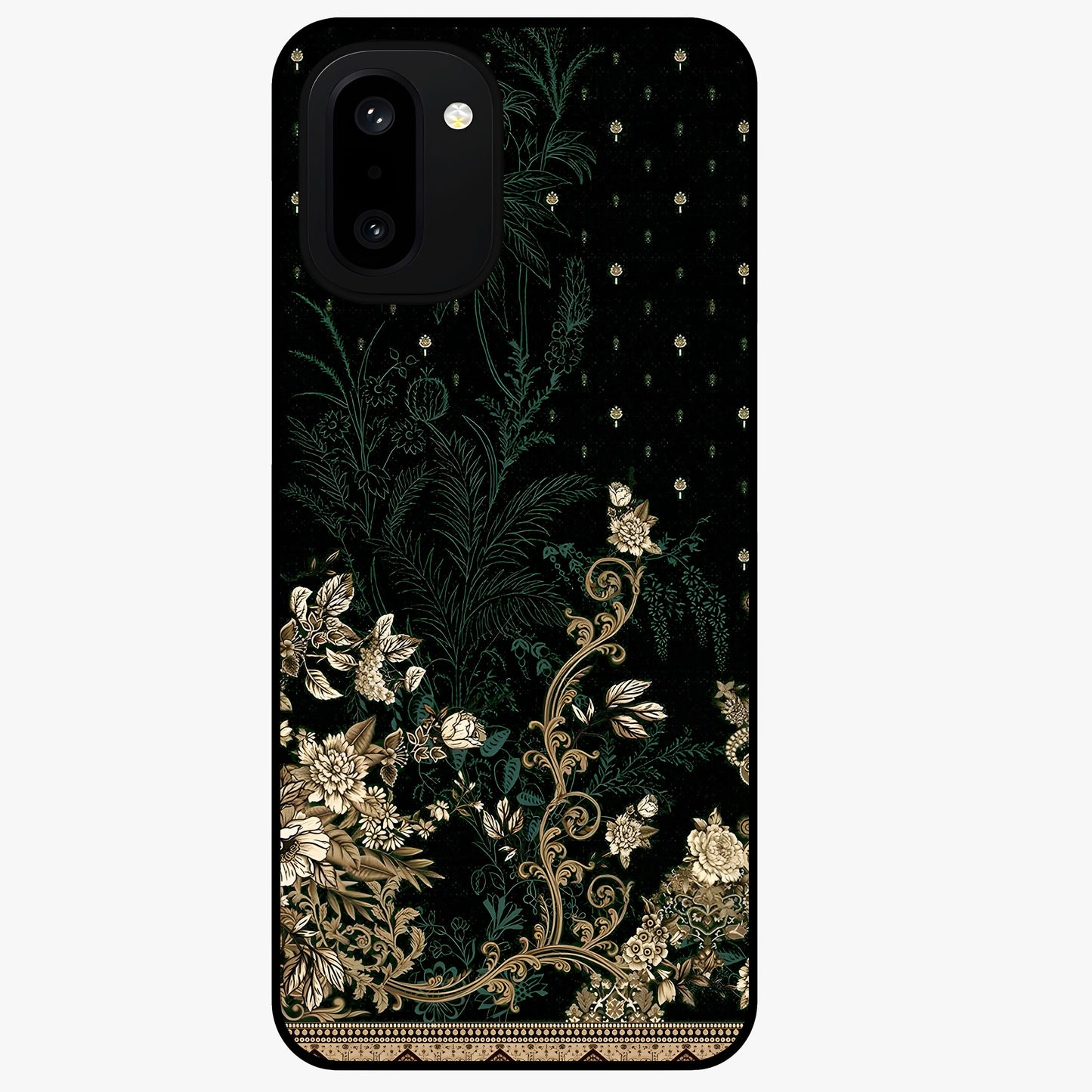 Regal Botanical Tapestry Glass Case for 1+15R luxurious front view featuring intricate botanical tapestry artwork