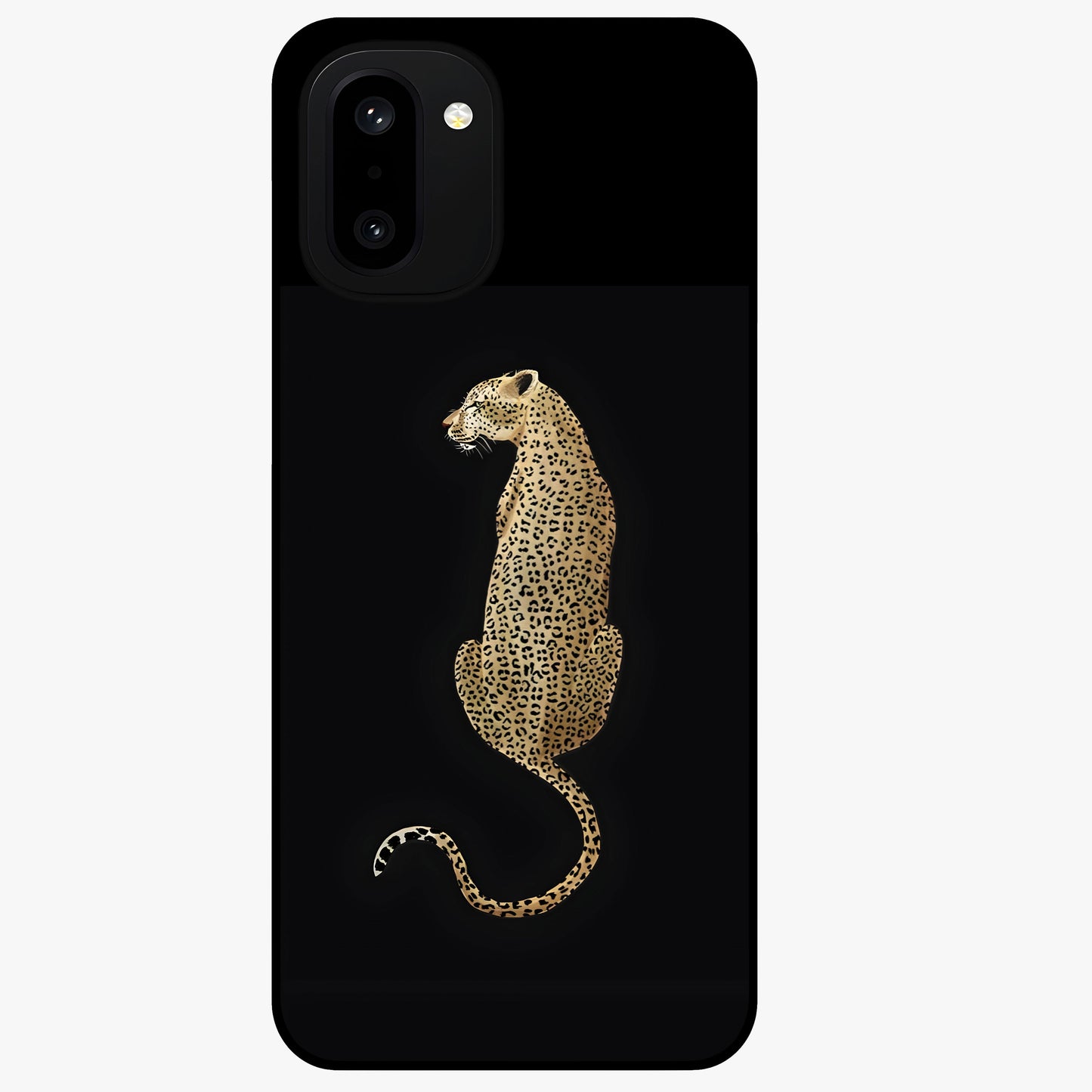 Regal Leopard Glass Case for 1+15R bold front view featuring majestic leopard artwork with rich tones