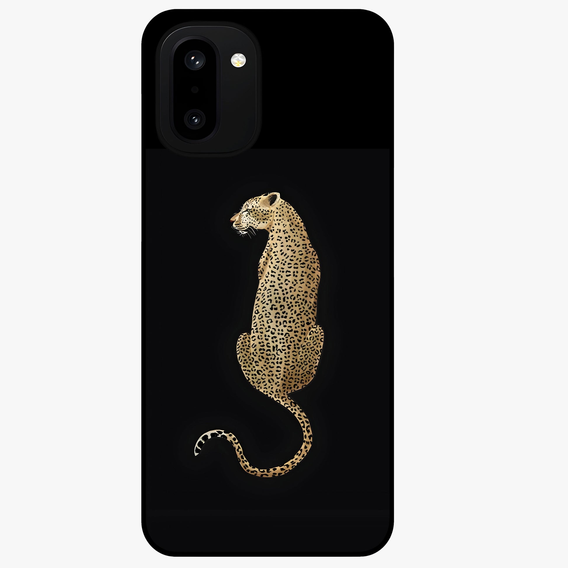 Regal Leopard Glass Case for 1+15R bold front view featuring majestic leopard artwork with rich tones