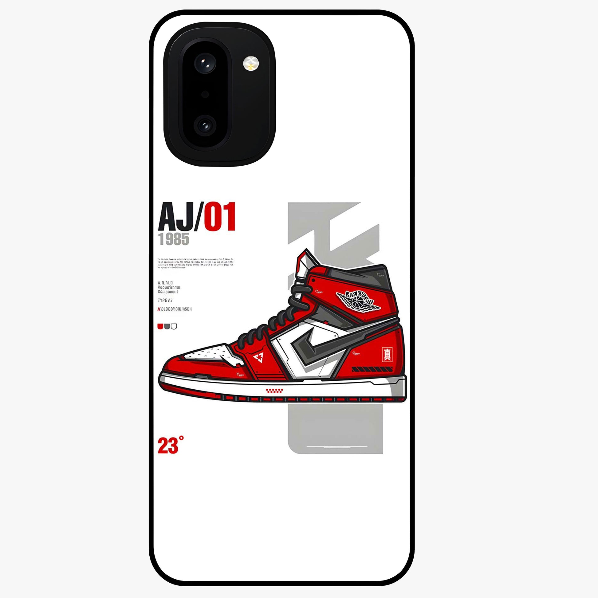 Retro Sneaker Blueprint Glass Case for 1+15R bold front view featuring sneaker blueprint style artwork