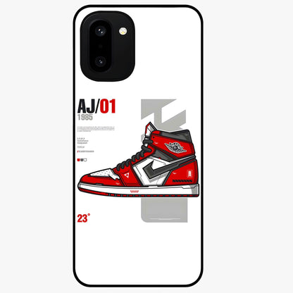 Retro Sneaker Blueprint Glass Case for 1+15R bold front view featuring sneaker blueprint style artwork