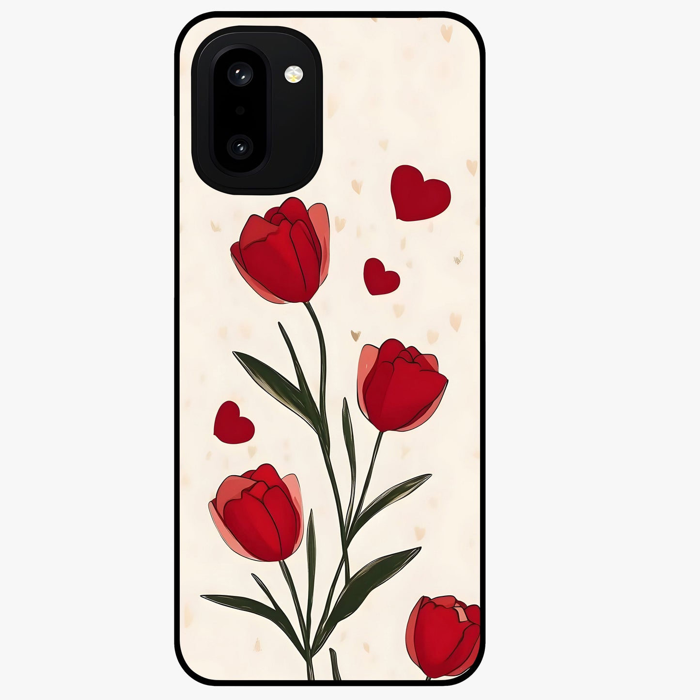 Romantic Tulip Hearts Glass Case for 1+15R sweet front view featuring tulip floral artwork with heart accents