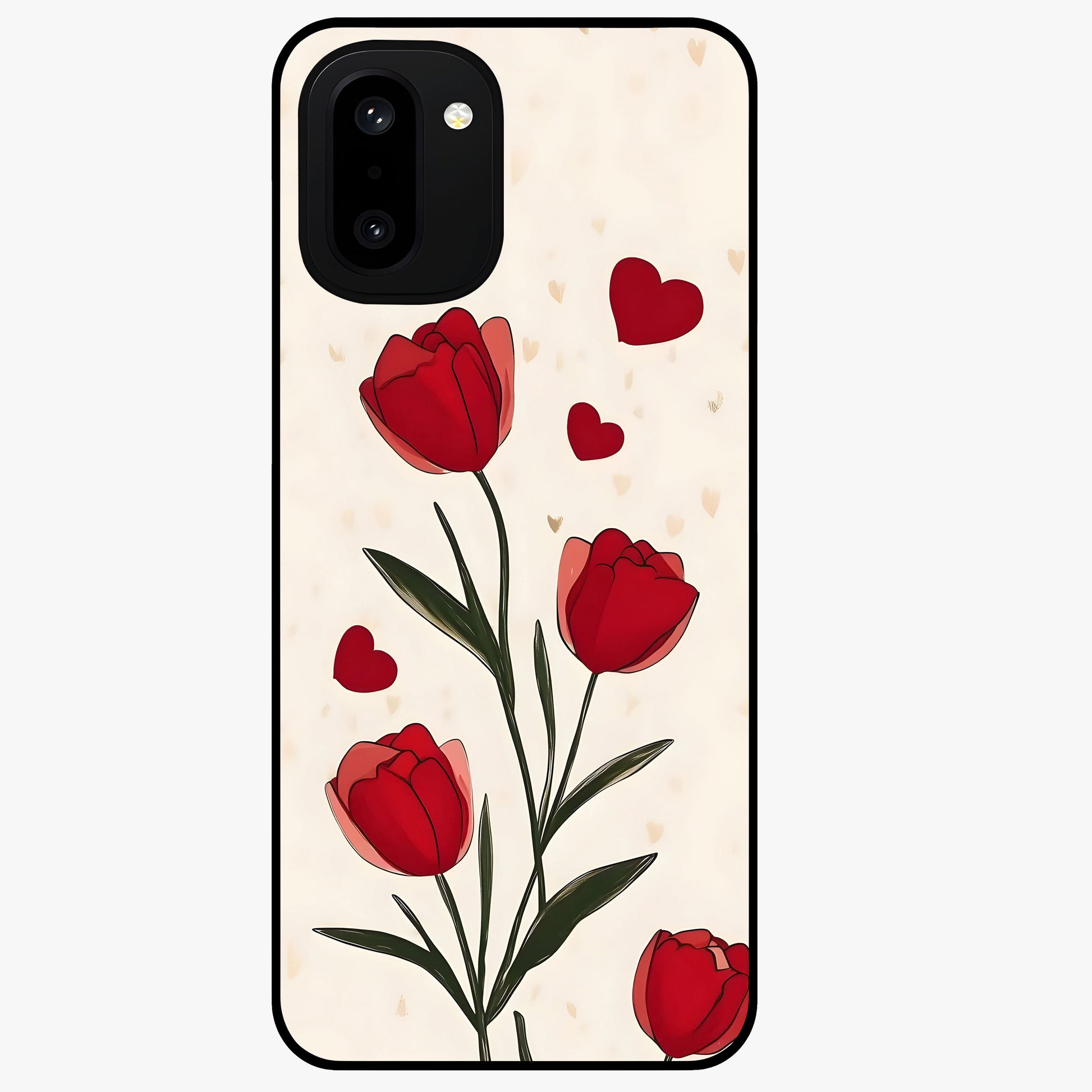 Romantic Tulip Hearts Glass Case for 1+15R sweet front view featuring tulip floral artwork with heart accents