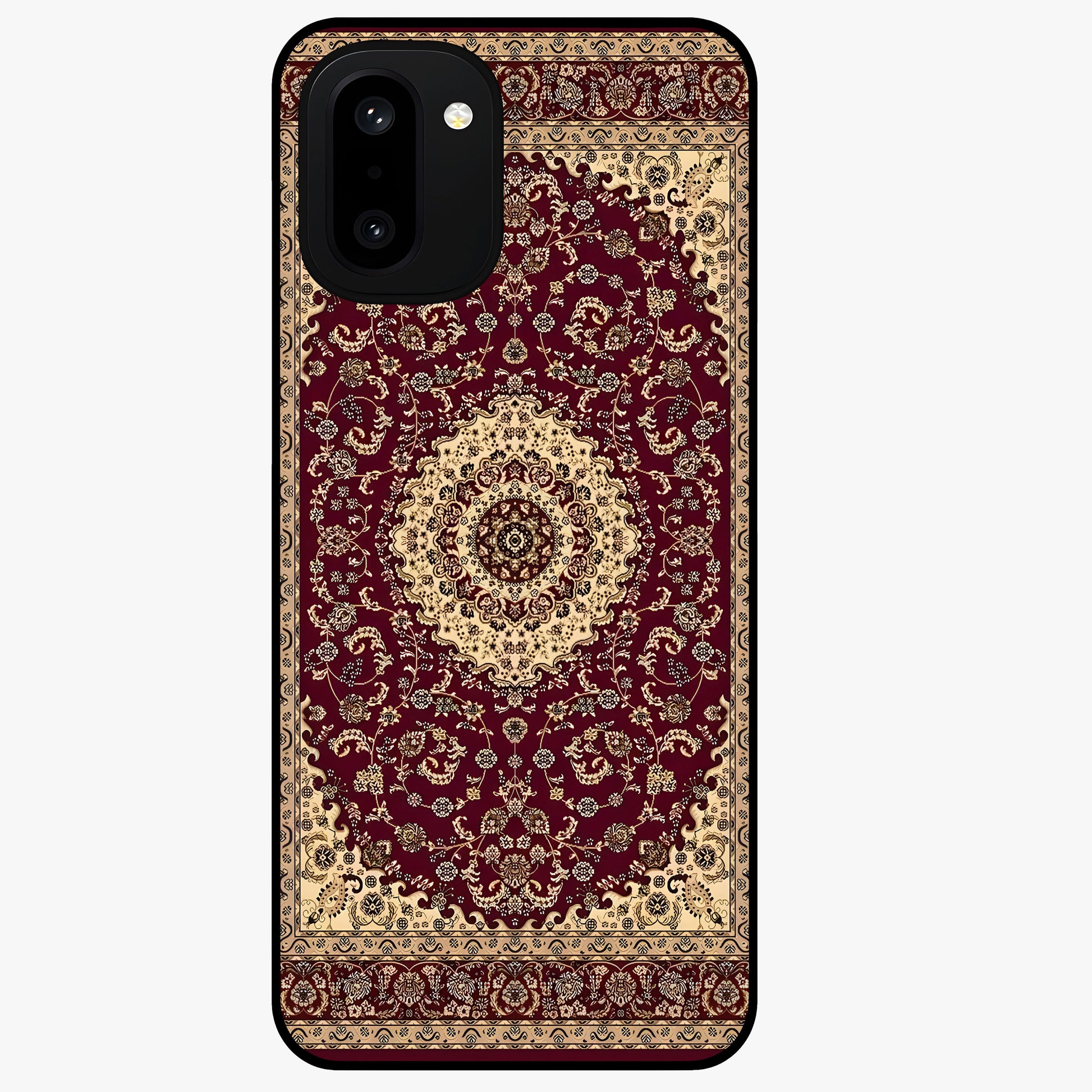 Royal Maroon Heritage Glass Case for 1+15R bold front view featuring intricate heritage pattern artwork in maroon tones
