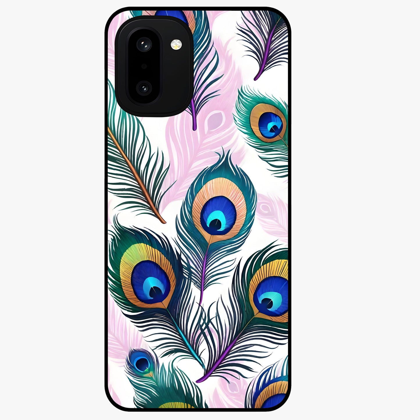 Royal Peacock Feathers Glass Case for 1+15R vibrant front view featuring detailed peacock feather artwork
