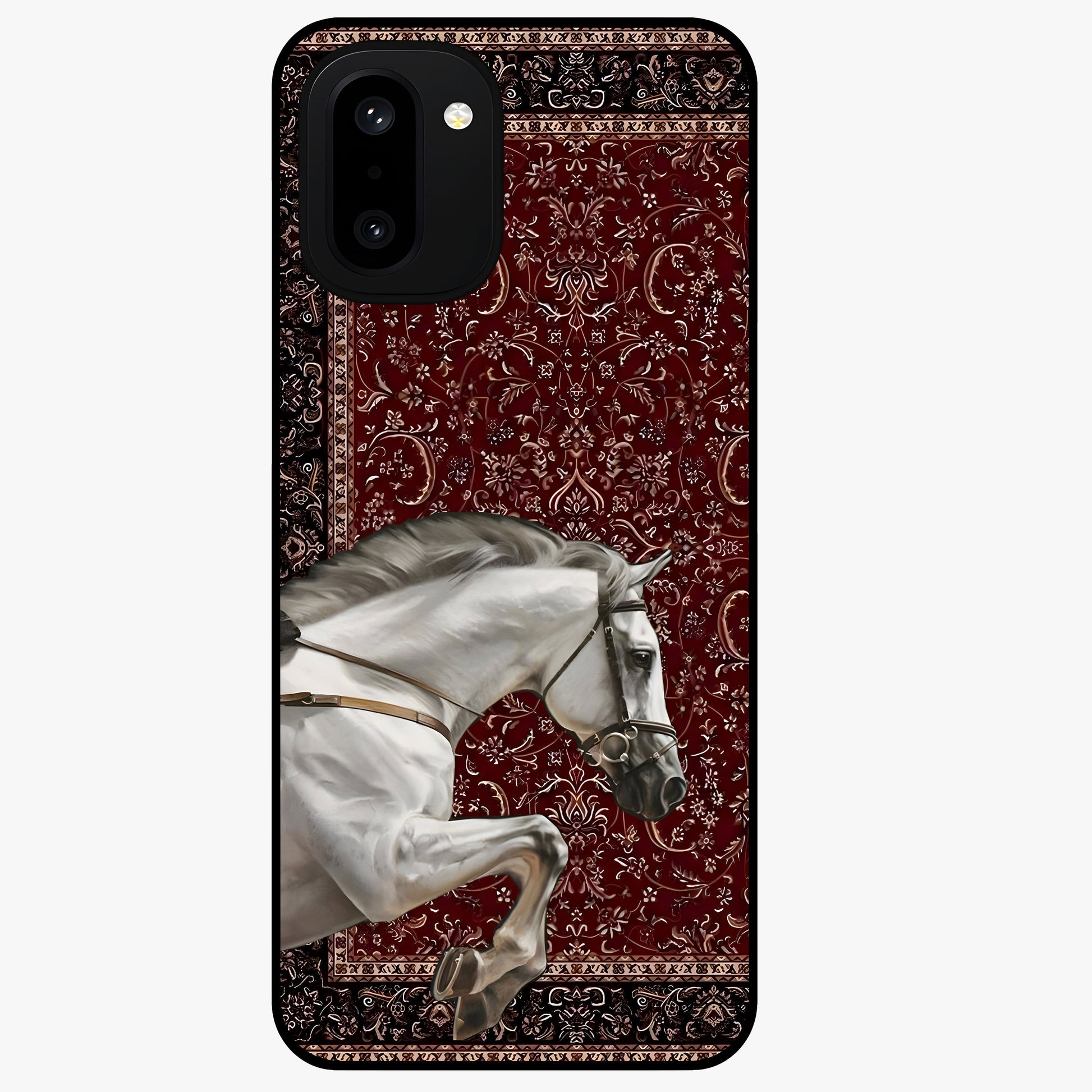 Royal Rider Tapestry Glass Case for 1+15R majestic front view featuring rider artwork in tapestry style