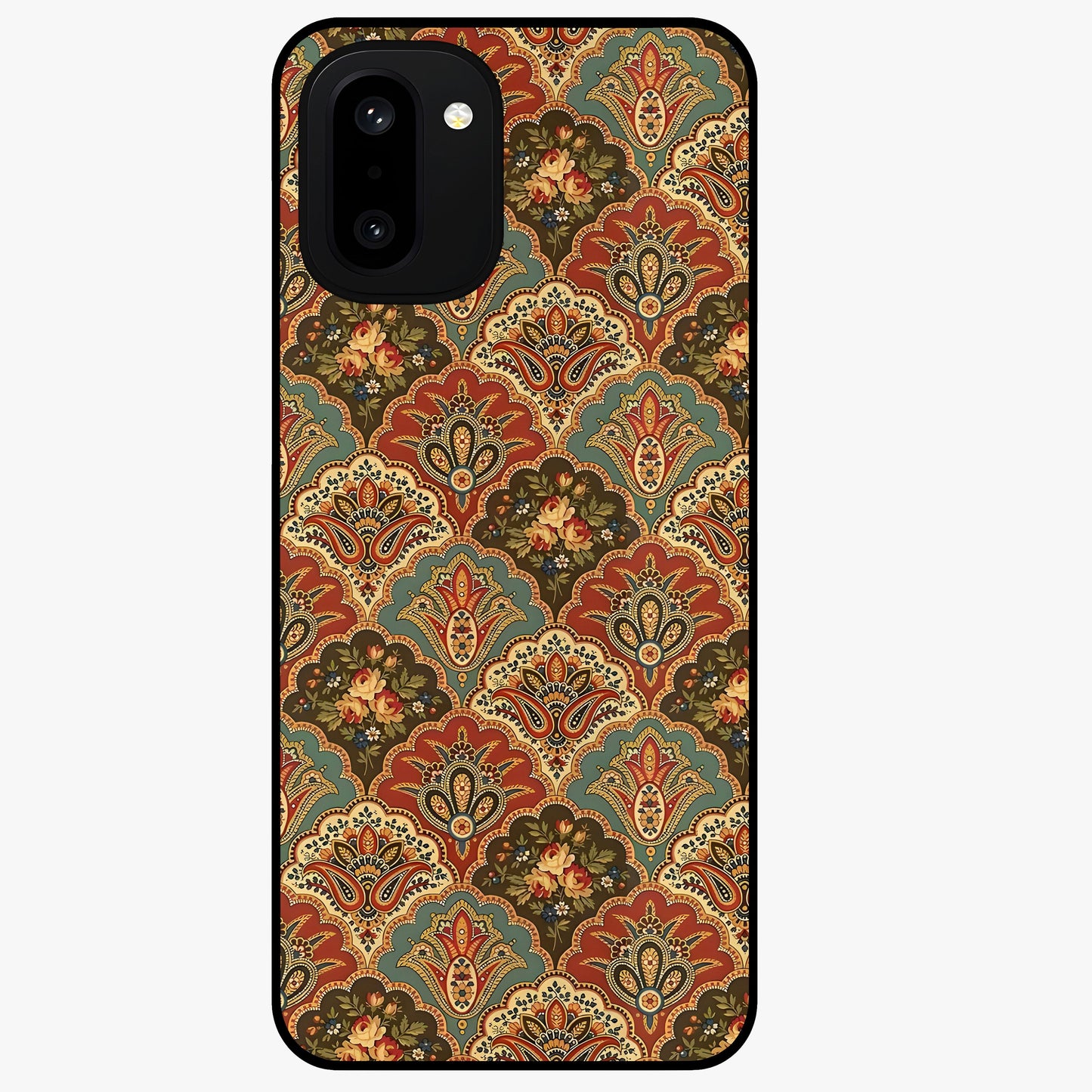 Royal Threadwork Glass Case for 1+15R elegant front view featuring embroidered threadwork inspired artwork