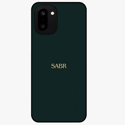 Sabr Minimal Patience Glass Case for 1+15R clean front view featuring minimalist typography artwork