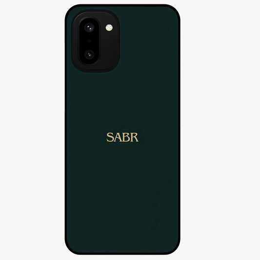 Sabr Minimal Patience Glass Case for 1+15R clean front view featuring minimalist typography artwork