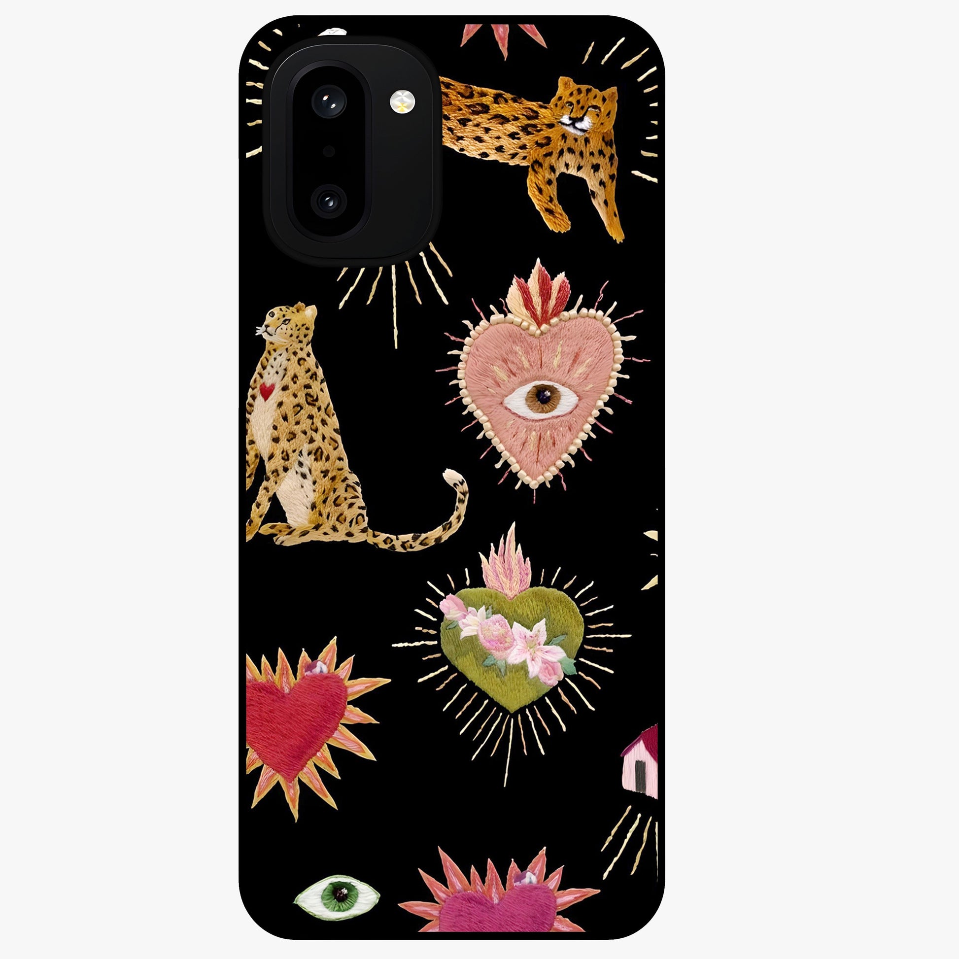 Sacred Jungle Heart Glass Case for 1+15R vibrant front view featuring jungle inspired artwork with symbolic heart accents