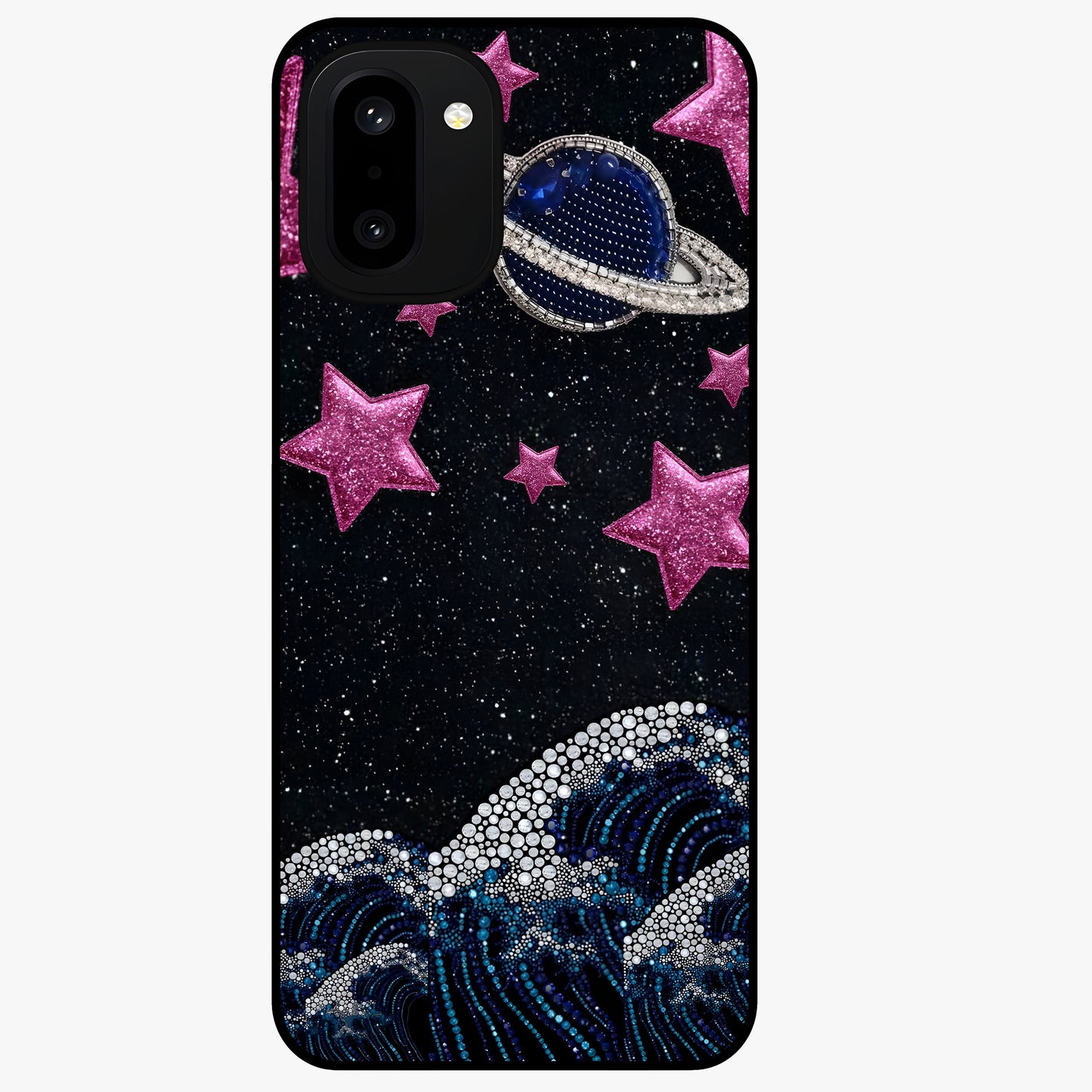 Saturn Pink Storm Glass Case for 1+15R bold front view featuring cosmic Saturn artwork in vibrant pink tones