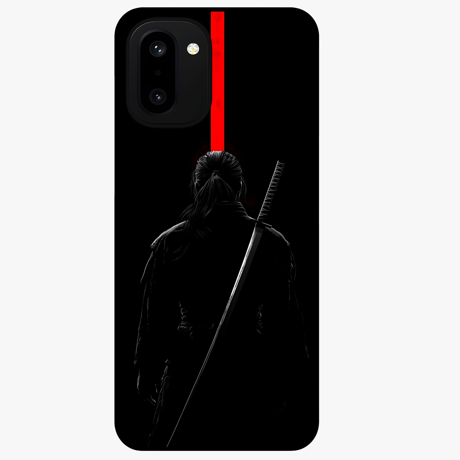 Silent Blade Resolve Glass Case for 1+15R bold front view featuring stealth warrior inspired artwork