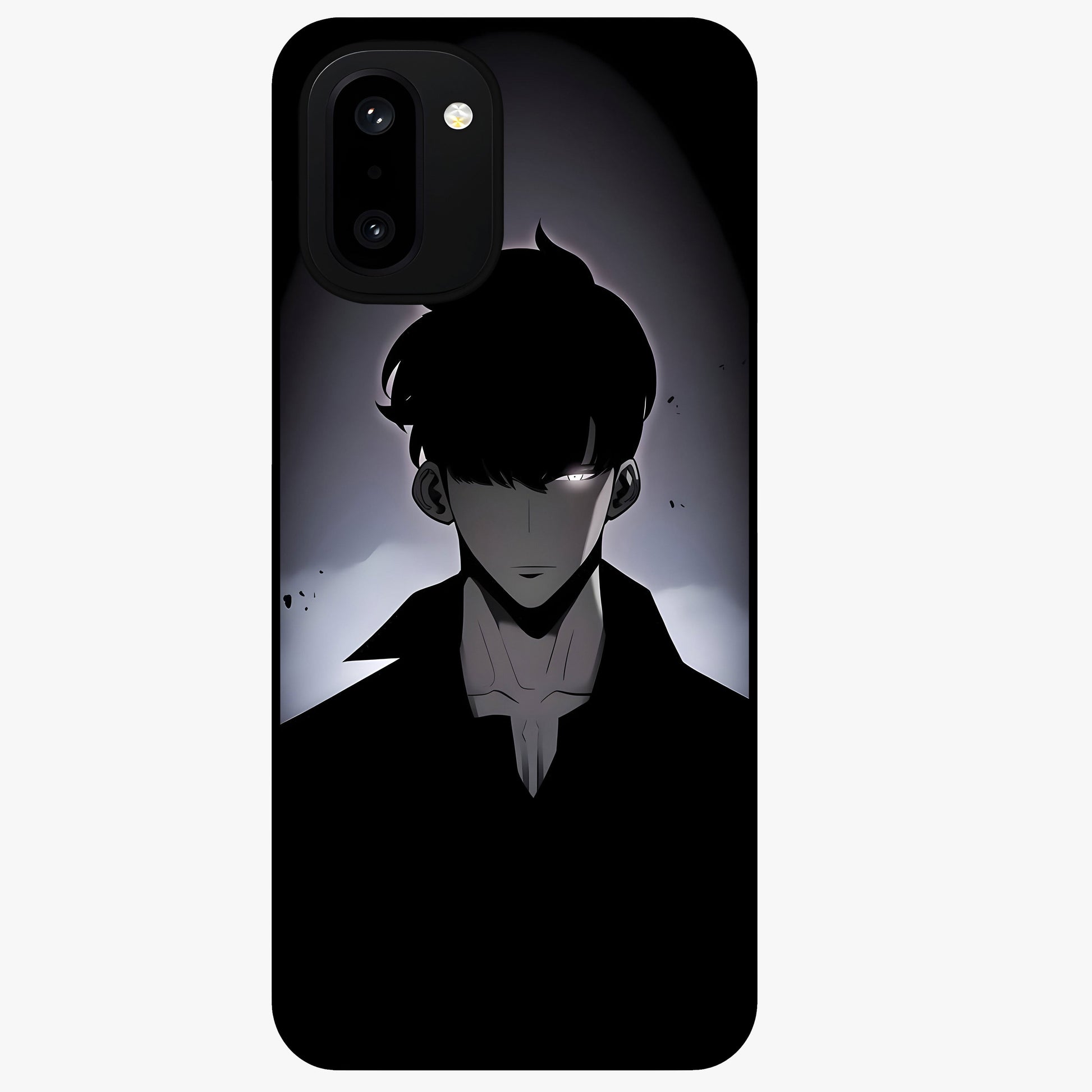 Silent Shadow Awakening Glass Case for 1+15R intense front view featuring dark warrior inspired artwork