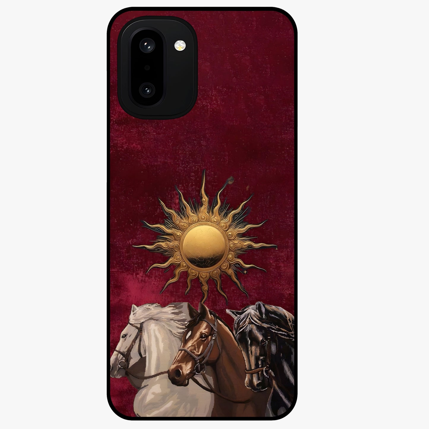 Solar Riders Glass Case for 1+15R dynamic front view featuring bold rider inspired artwork with solar tones